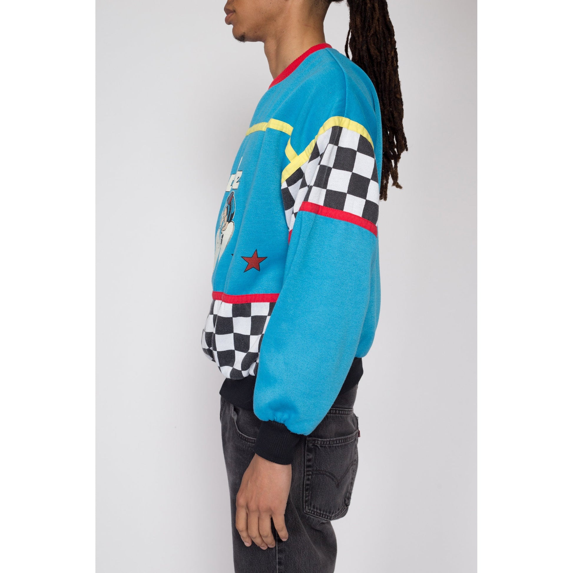 Large 80s Cycling Graphic Blue Color Block Sweatshirt | Vintage Vaporwave Aesthetic Racing Checkered Striped Pullover