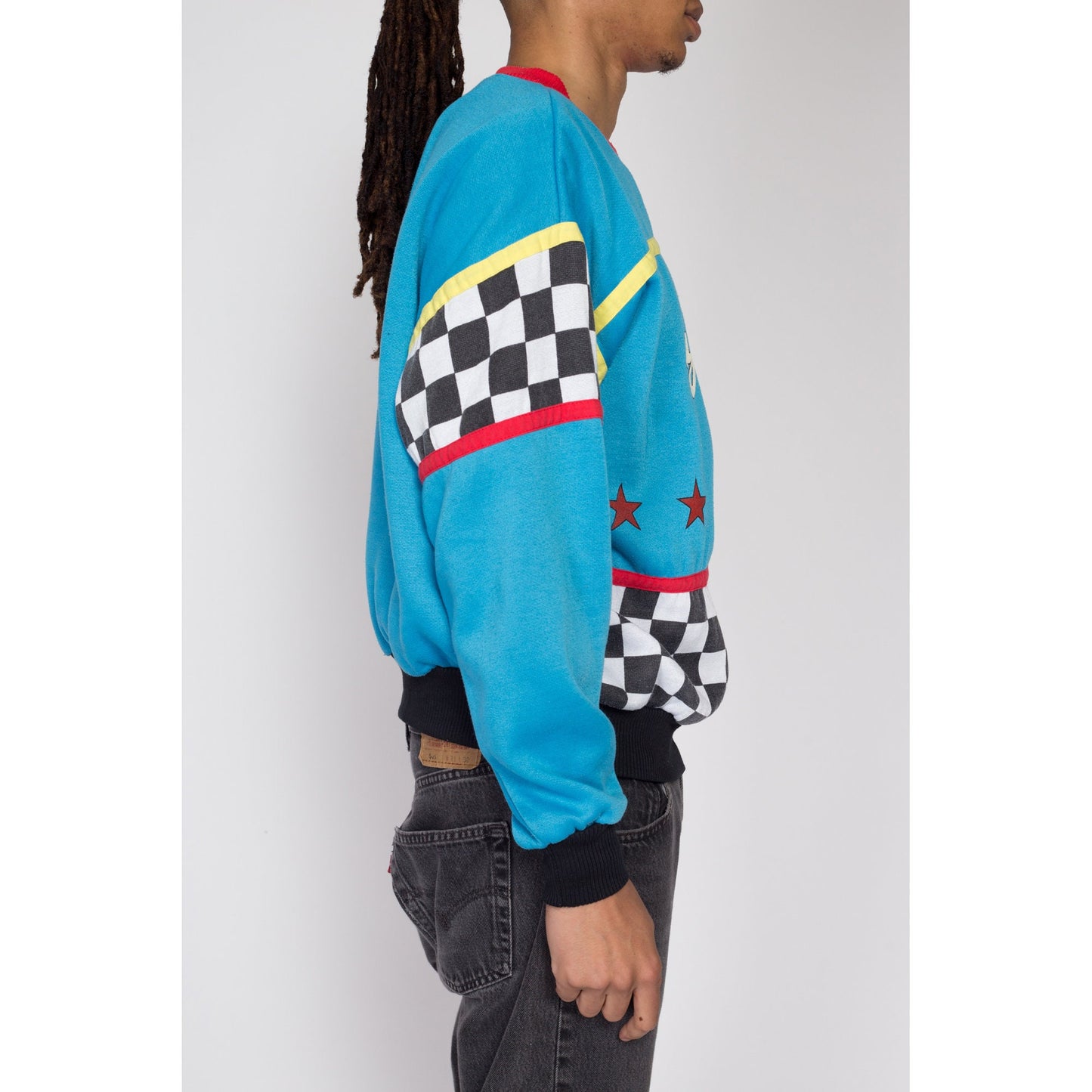 Large 80s Cycling Graphic Blue Color Block Sweatshirt | Vintage Vaporwave Aesthetic Racing Checkered Striped Pullover