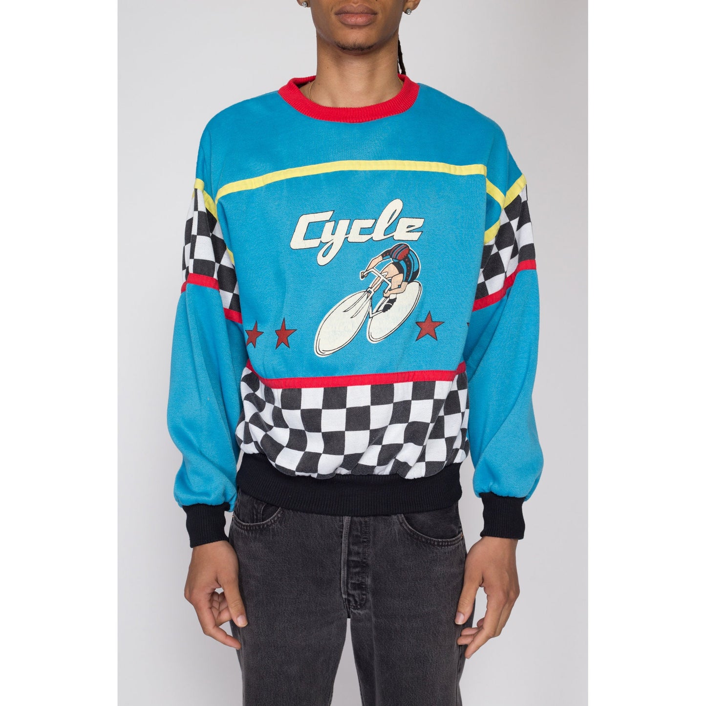 Large 80s Cycling Graphic Blue Color Block Sweatshirt | Vintage Vaporwave Aesthetic Racing Checkered Striped Pullover