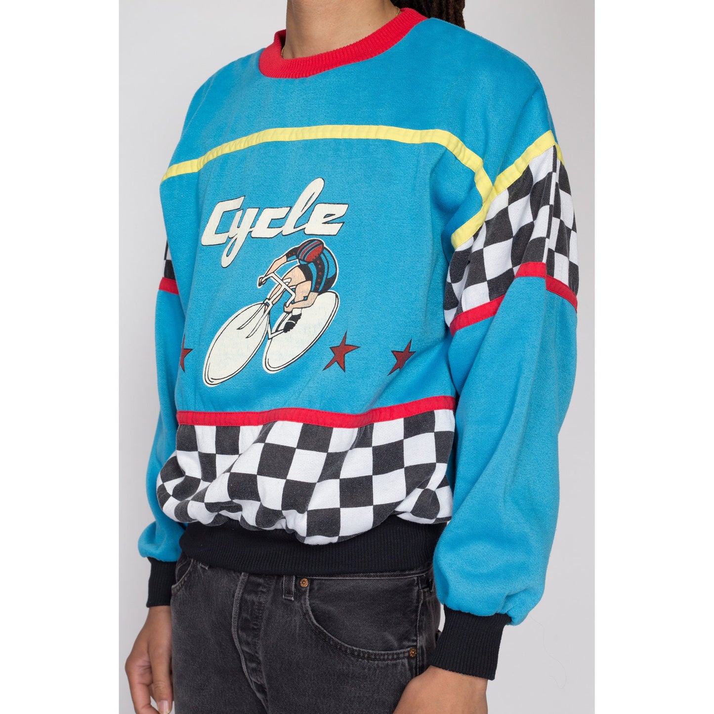 Large 80s Cycling Graphic Blue Color Block Sweatshirt | Vintage Vaporwave Aesthetic Racing Checkered Striped Pullover