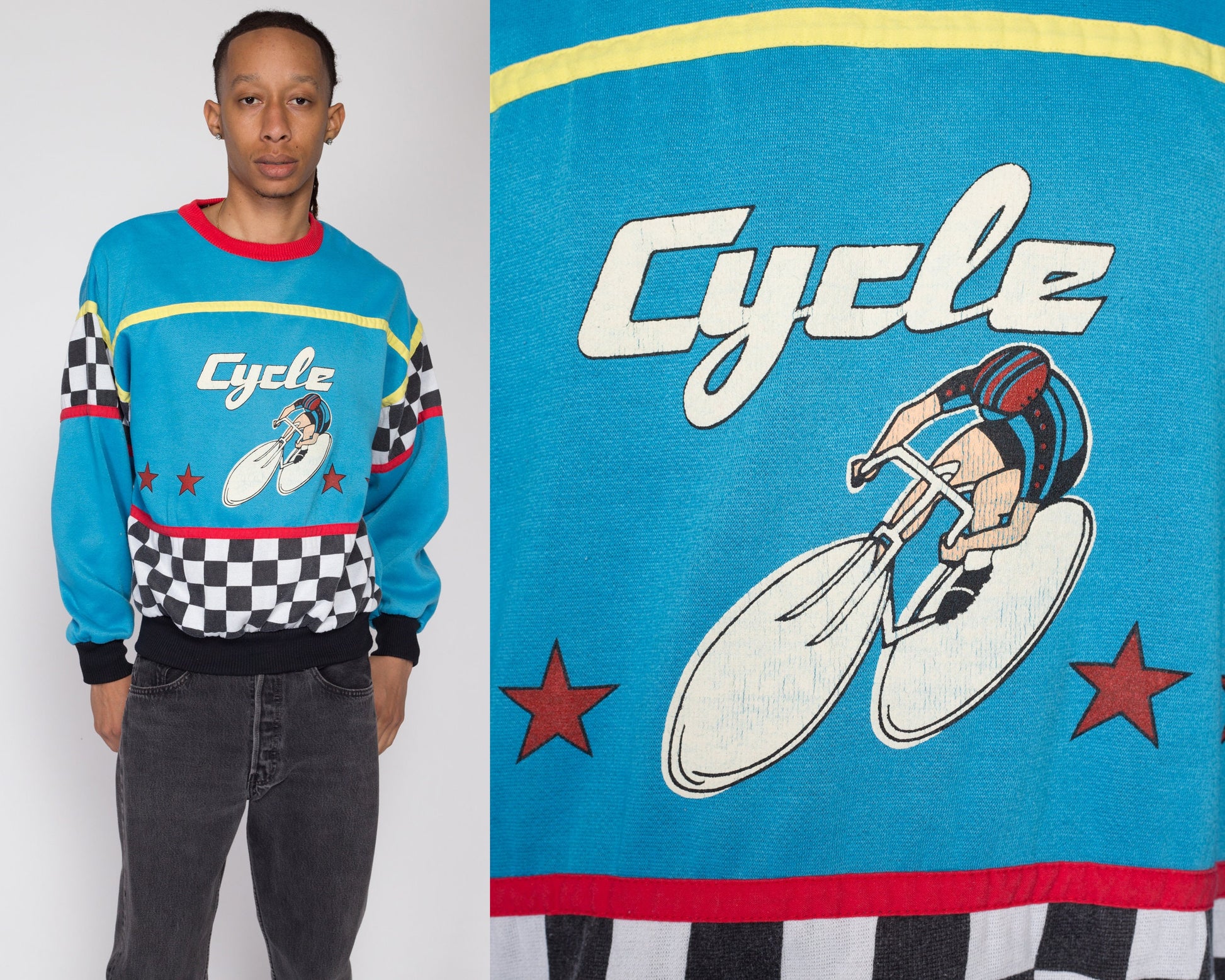 Large 80s Cycling Graphic Blue Color Block Sweatshirt | Vintage Vaporwave Aesthetic Racing Checkered Striped Pullover