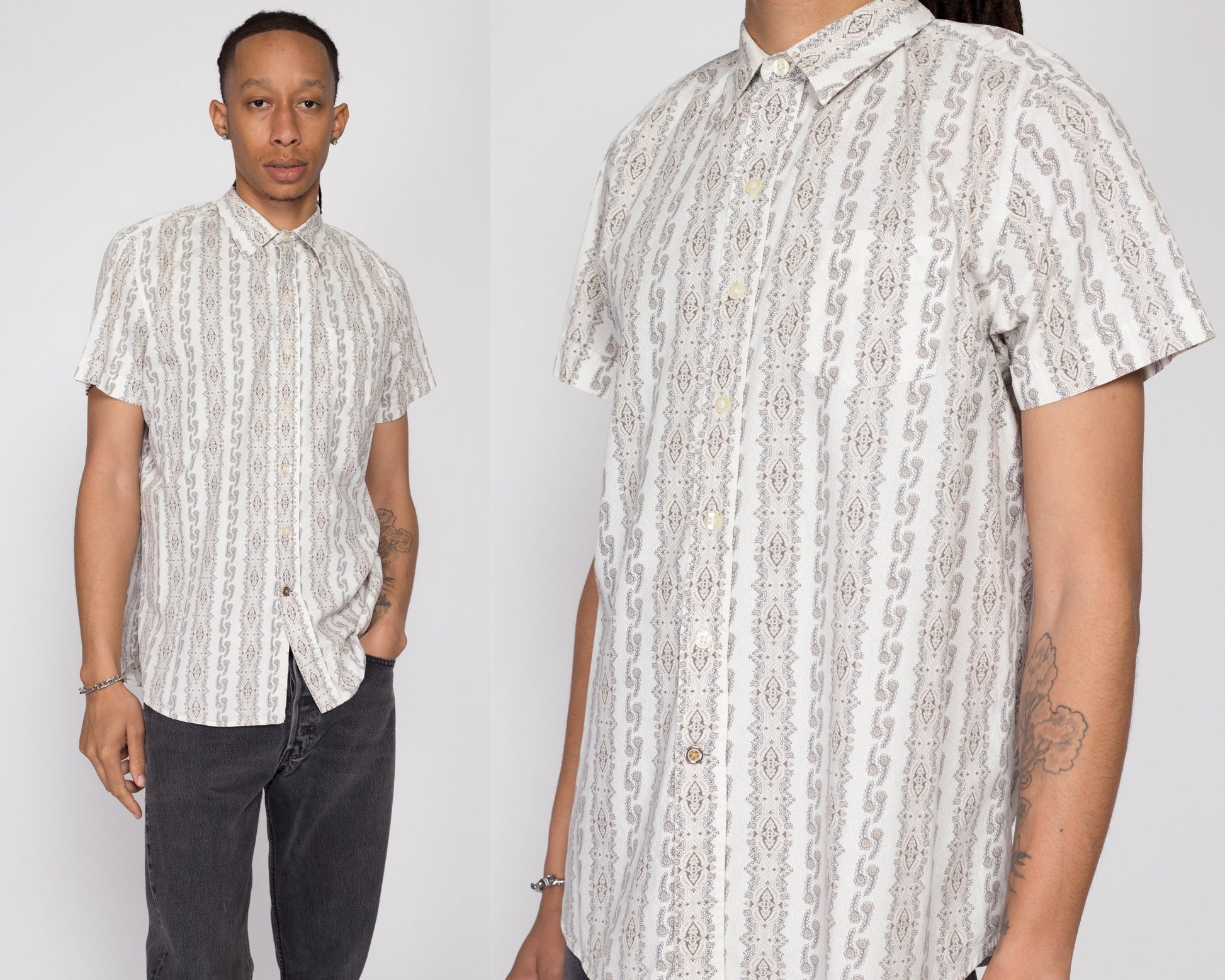 Large 80s Kennington Baroque Striped Shirt | Vintage Men's Short Sleeve Button Up Collared Top
