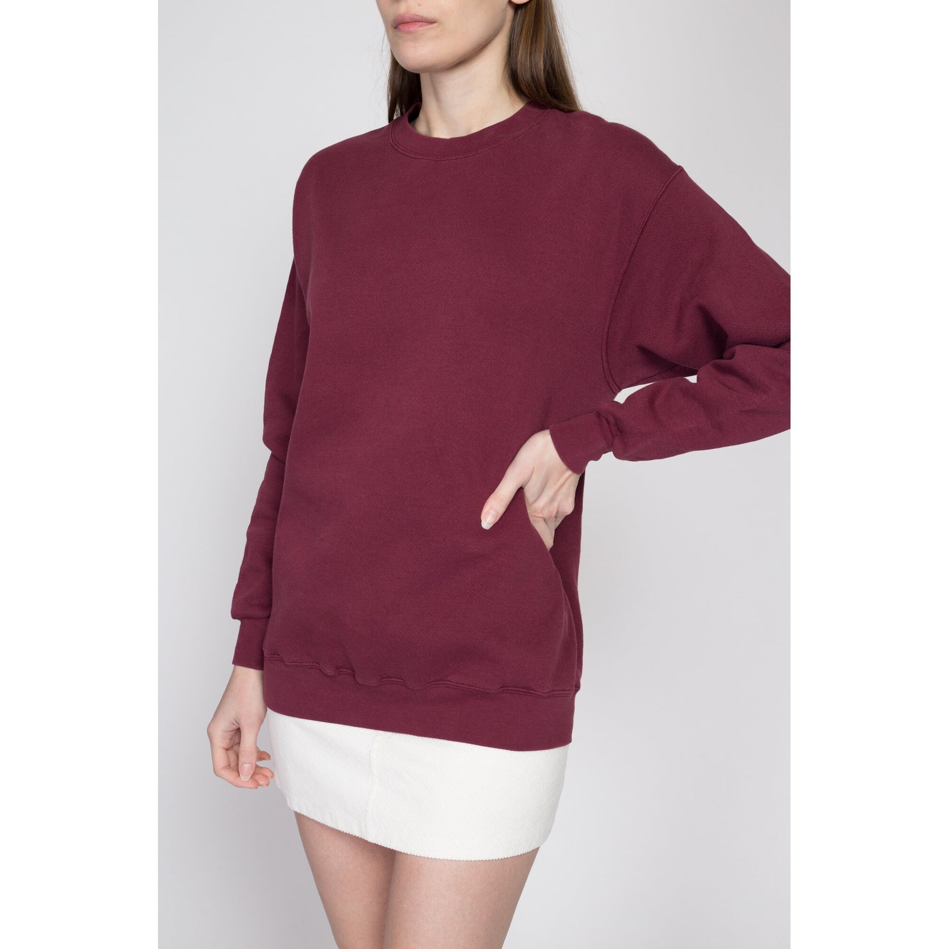 Small 90s Lee Wine Red Crewneck Sweatshirt | Vintage Blank Slouchy Plain Pullover