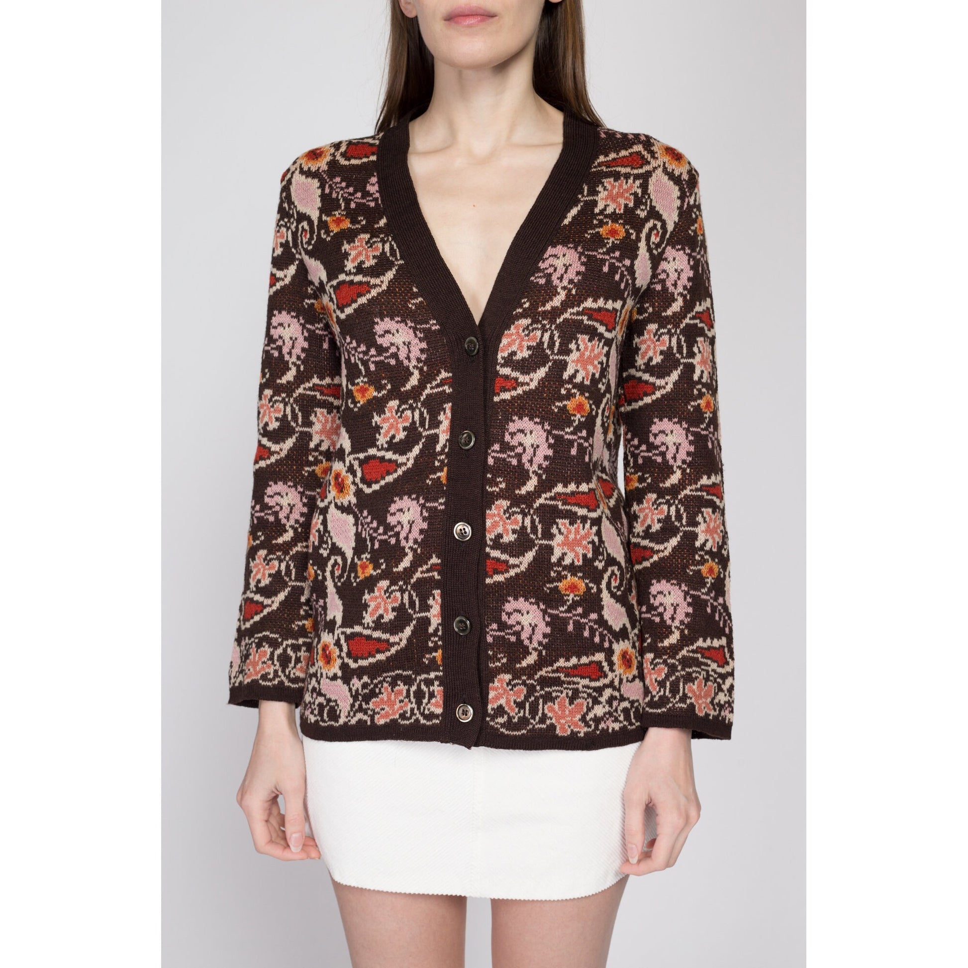 Small 70s Boho Earth Tone Floral Cardigan | Vintage Brown Button Up V Neck Sweater