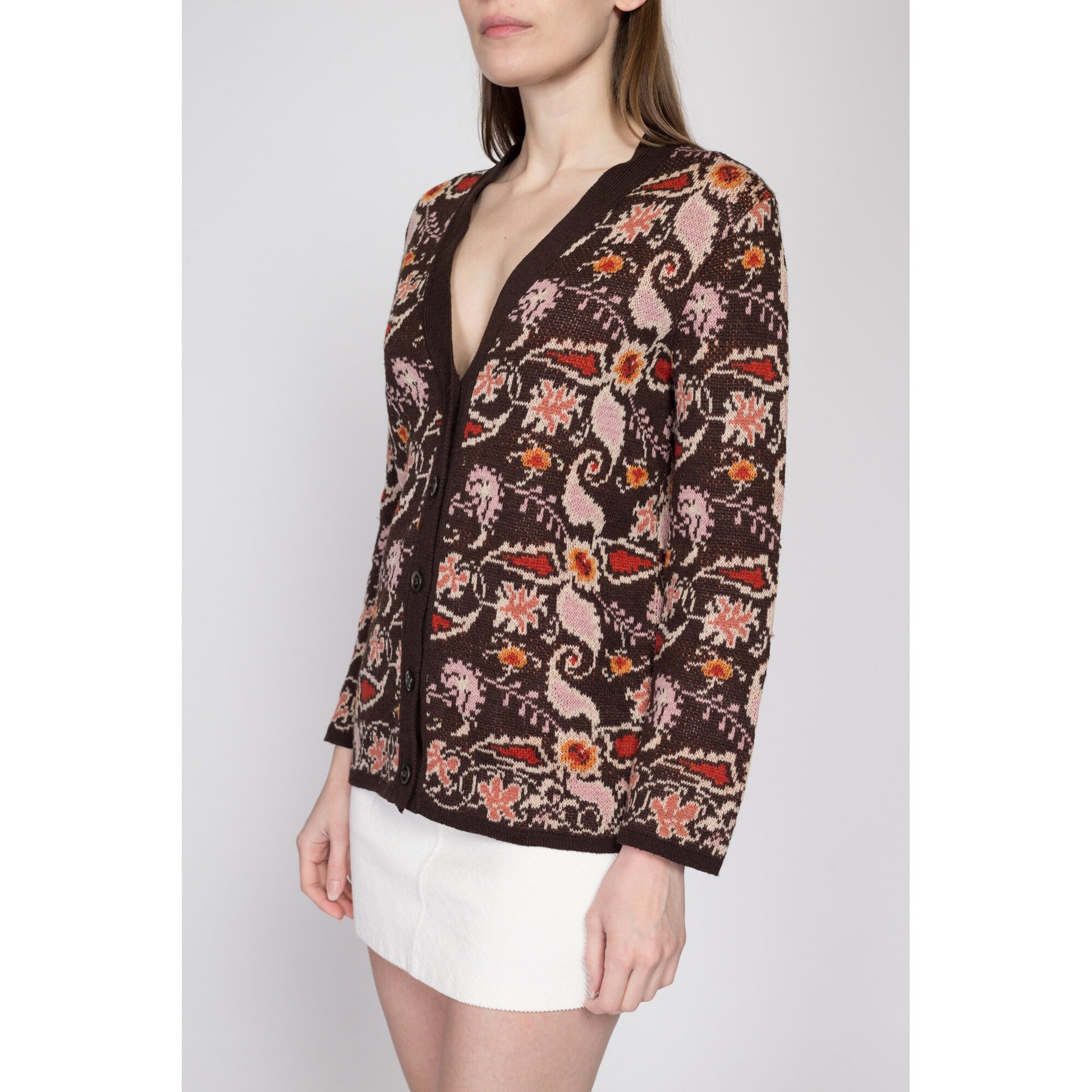 Small 70s Boho Earth Tone Floral Cardigan | Vintage Brown Button Up V Neck Sweater