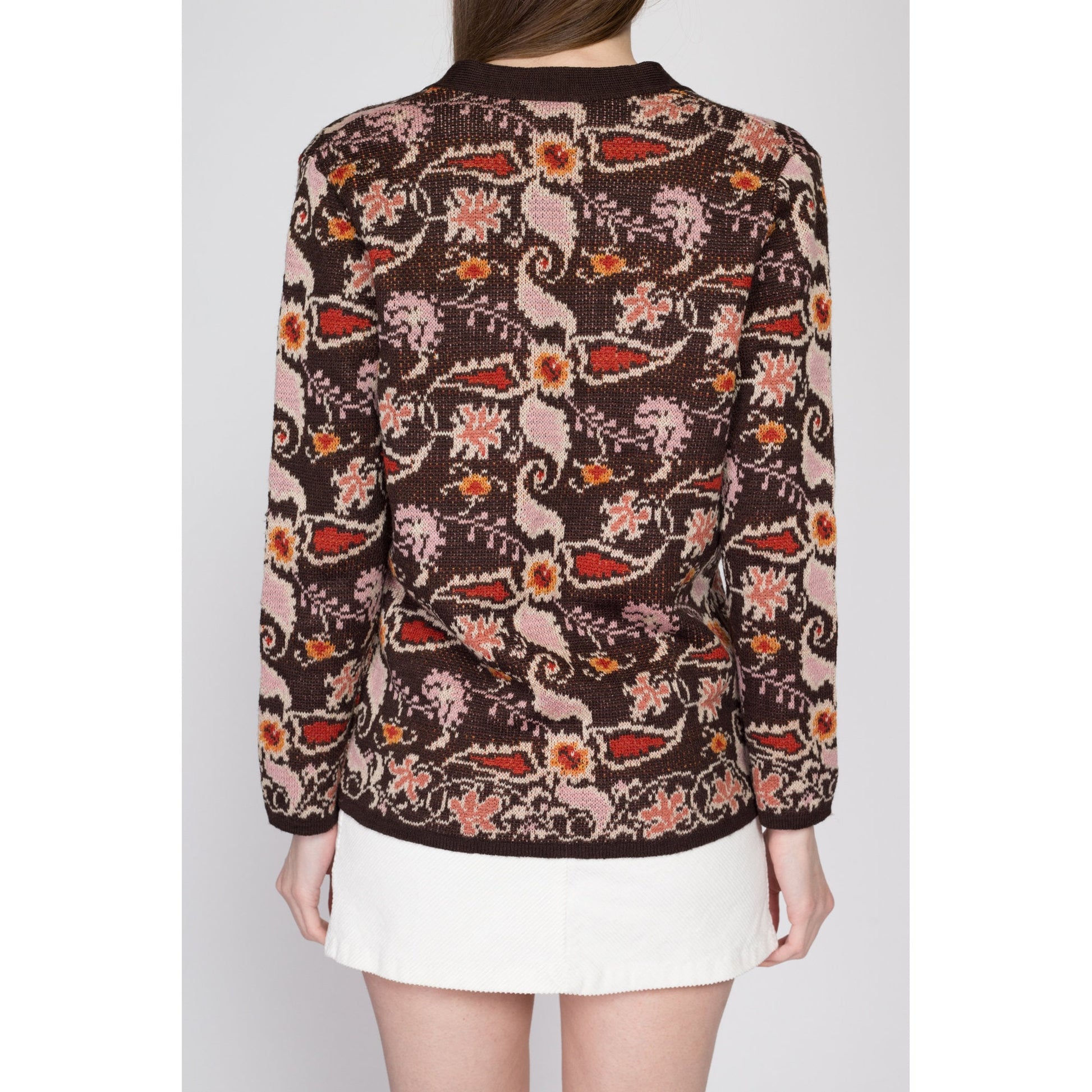 Small 70s Boho Earth Tone Floral Cardigan | Vintage Brown Button Up V Neck Sweater