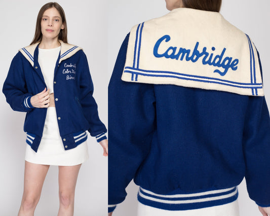 Medium 70s Cambridge High School Navy Blue Varsity Jacket | Vintage Wool Snap Button Color Guard Flag Twirler Letterman Coat