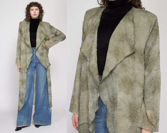 Medium 90s Boho Sheer Green Crinkle Textured Cover Up | Vintage Open Fit Long Overshirt Lightweight Jacket