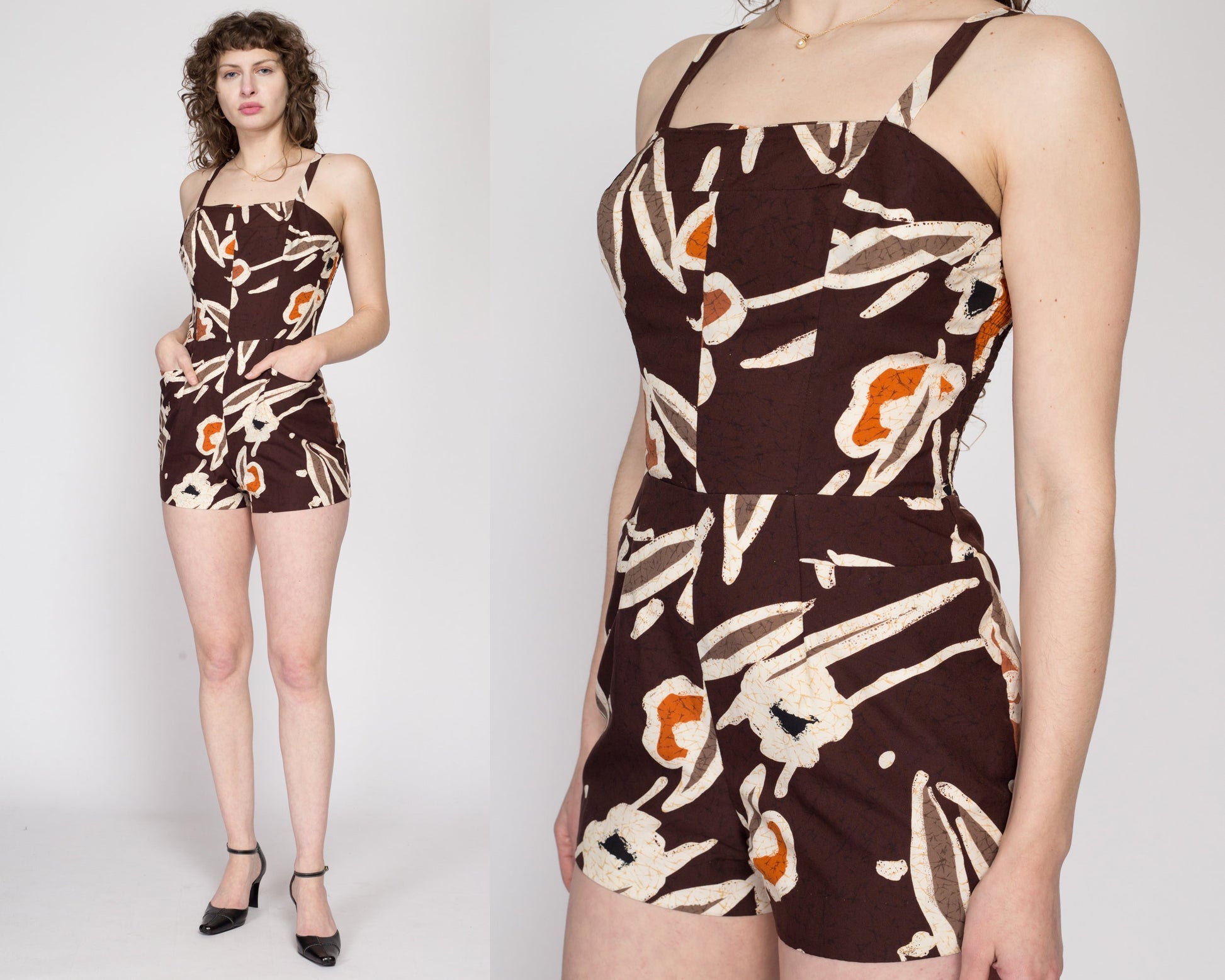 Medium 60s Hawaiian Batik One Piece Swimsuit | Vintage Brown Tropical Floral Pin Up Bathing Suit
