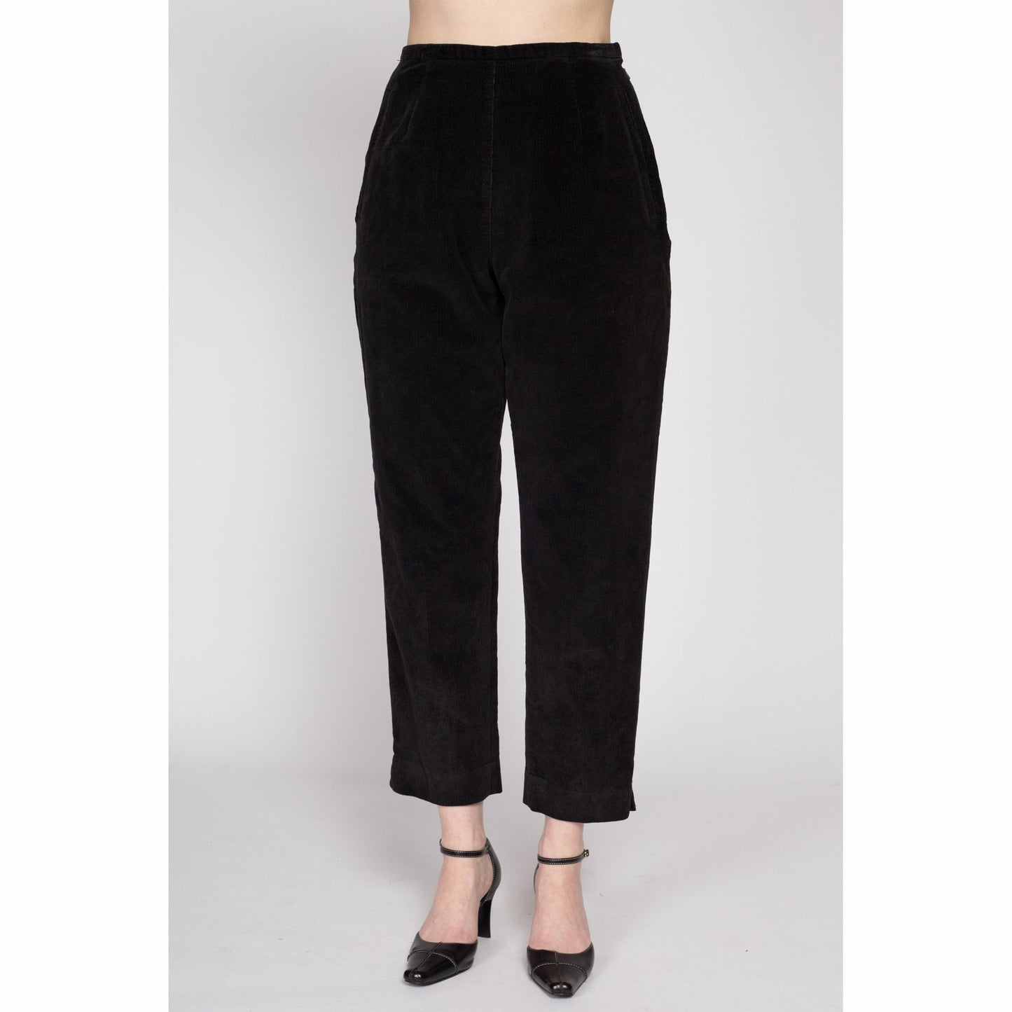 Small 80s Black Corduroy High Waisted Side Zip Pants 26" | Vintage LL Bean Petite Tapered Leg Trousers