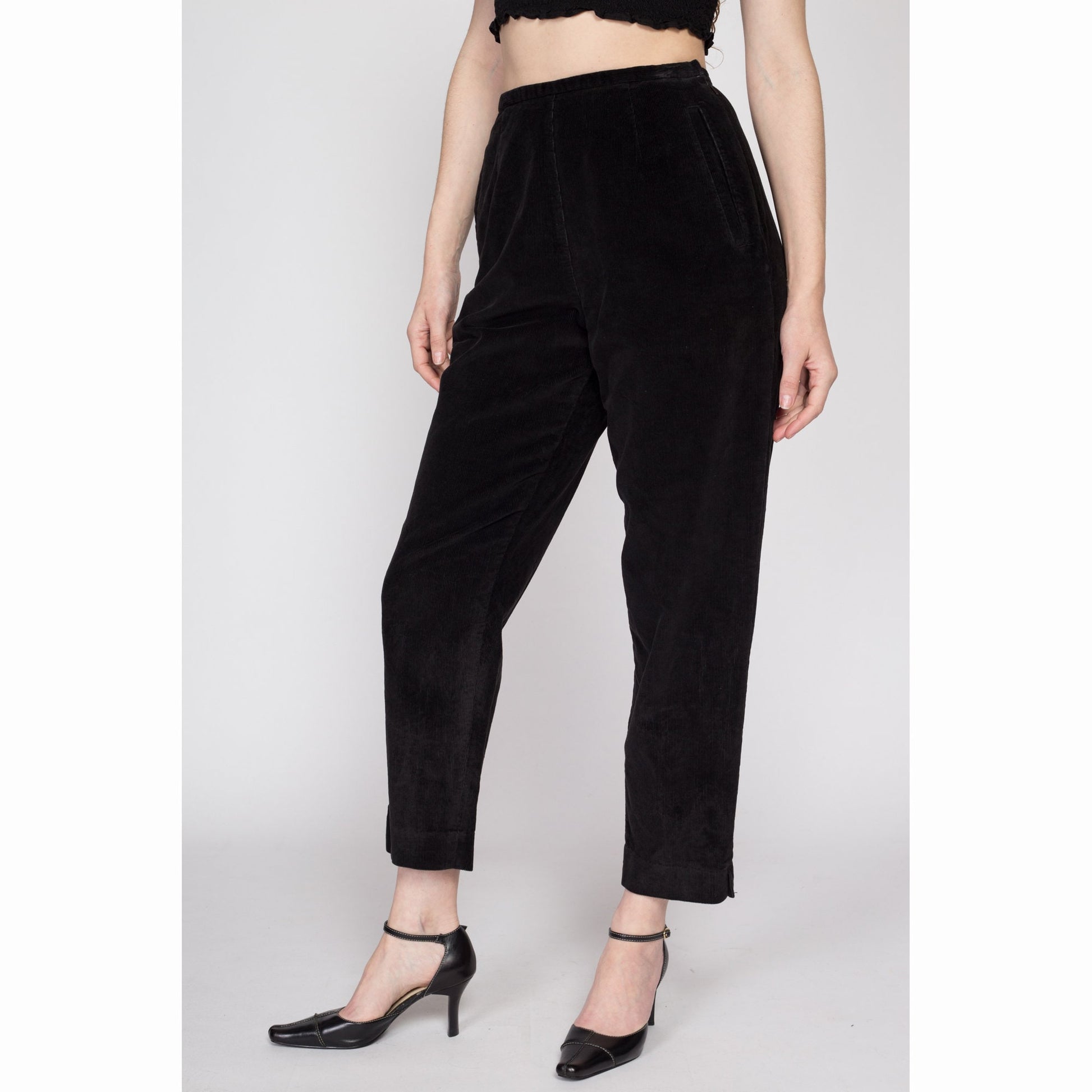 Small 80s Black Corduroy High Waisted Side Zip Pants 26" | Vintage LL Bean Petite Tapered Leg Trousers