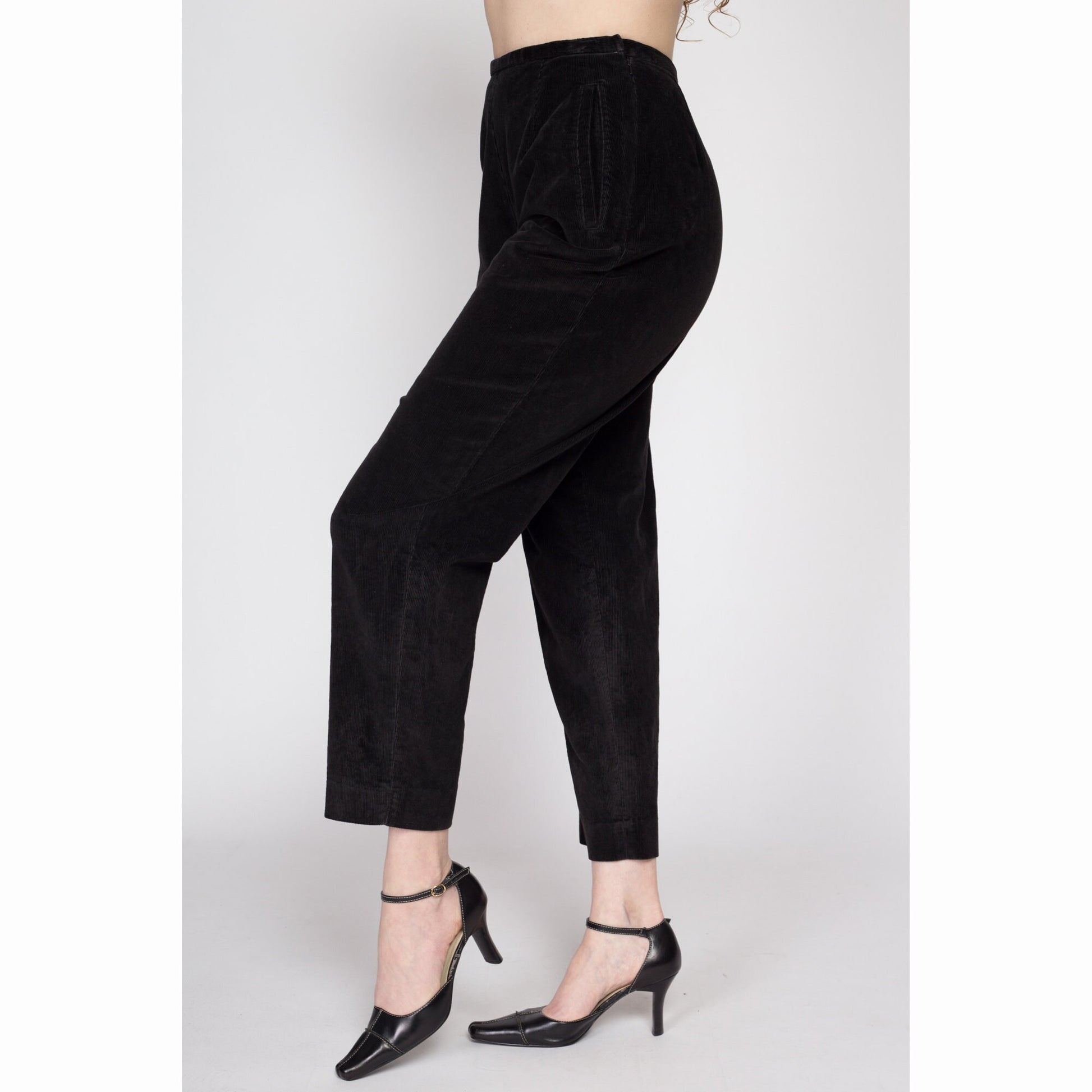 Small 80s Black Corduroy High Waisted Side Zip Pants 26" | Vintage LL Bean Petite Tapered Leg Trousers