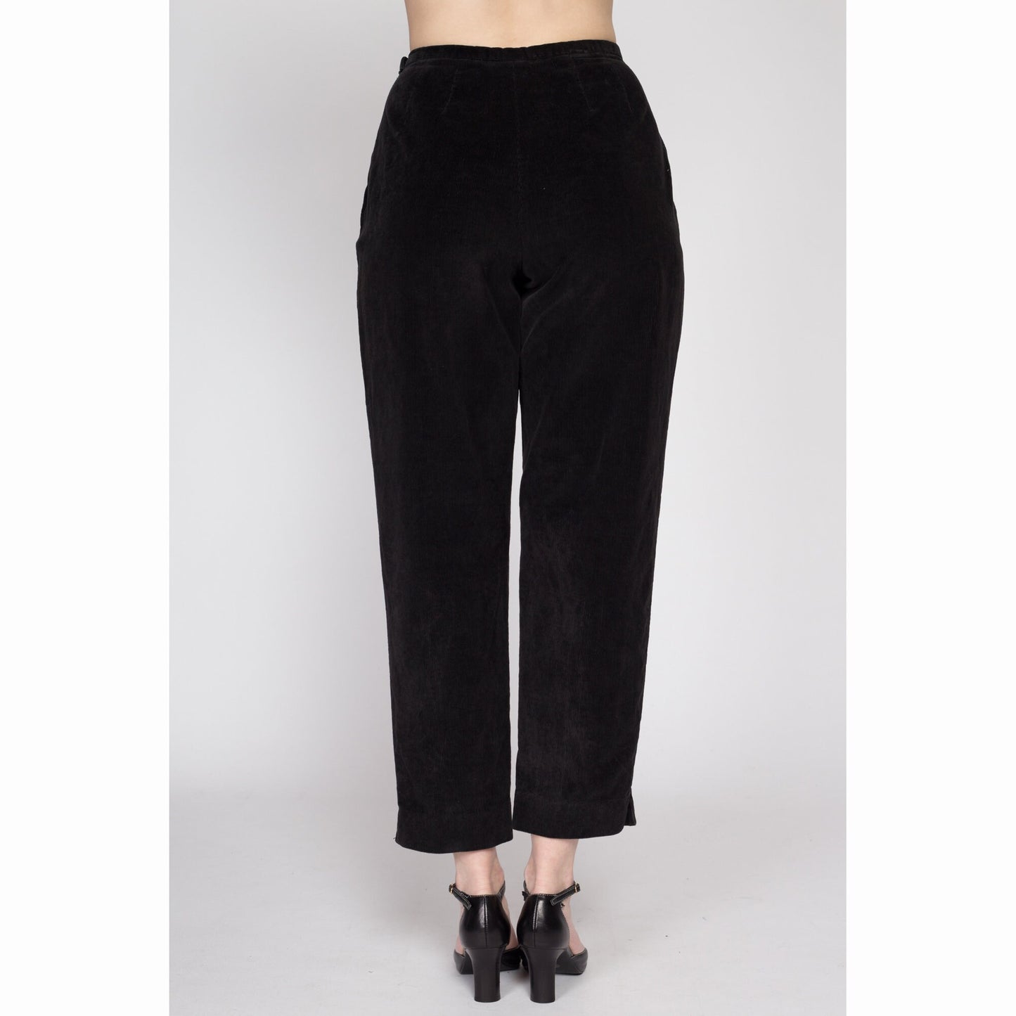 Small 80s Black Corduroy High Waisted Side Zip Pants 26" | Vintage LL Bean Petite Tapered Leg Trousers
