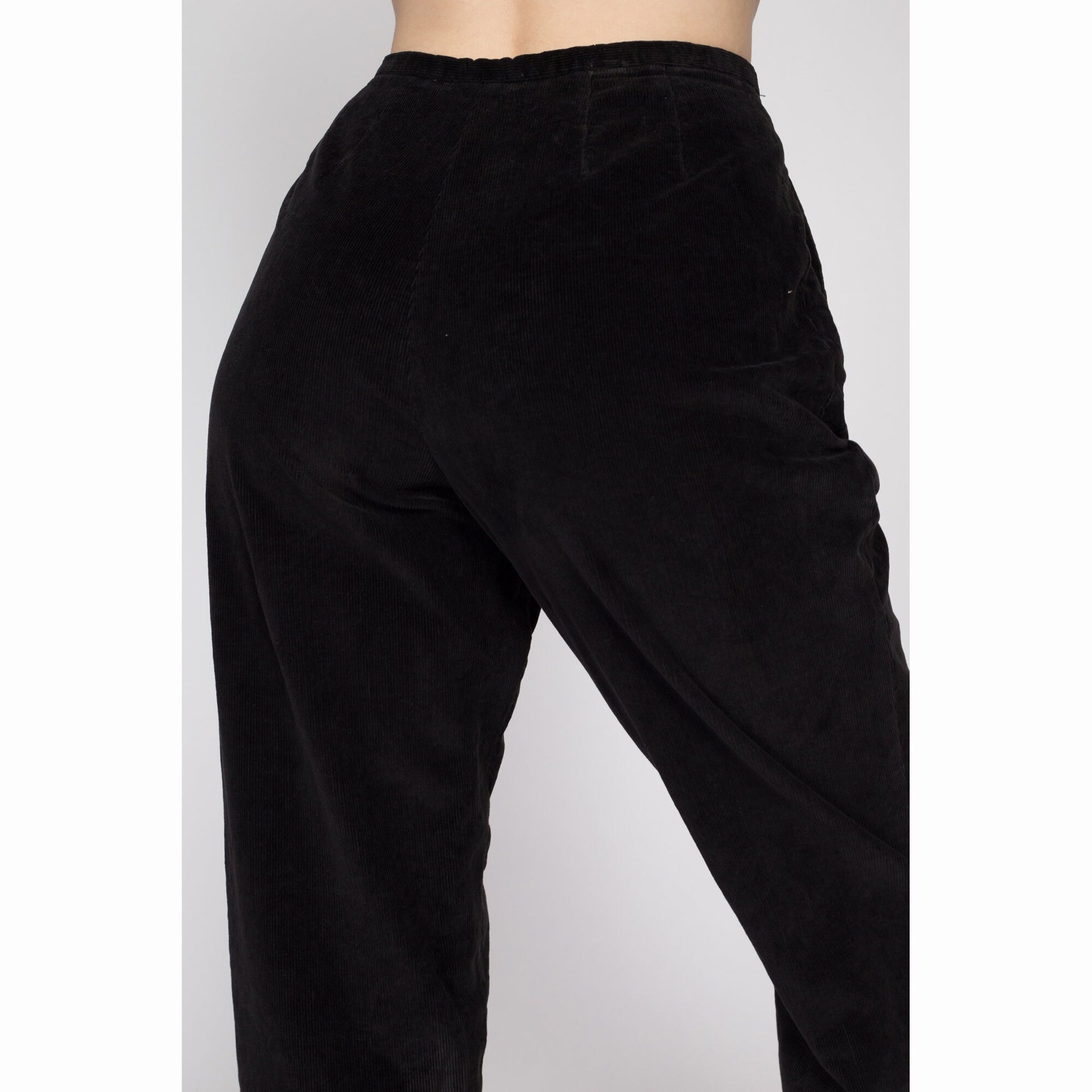 Small 80s Black Corduroy High Waisted Side Zip Pants 26" | Vintage LL Bean Petite Tapered Leg Trousers