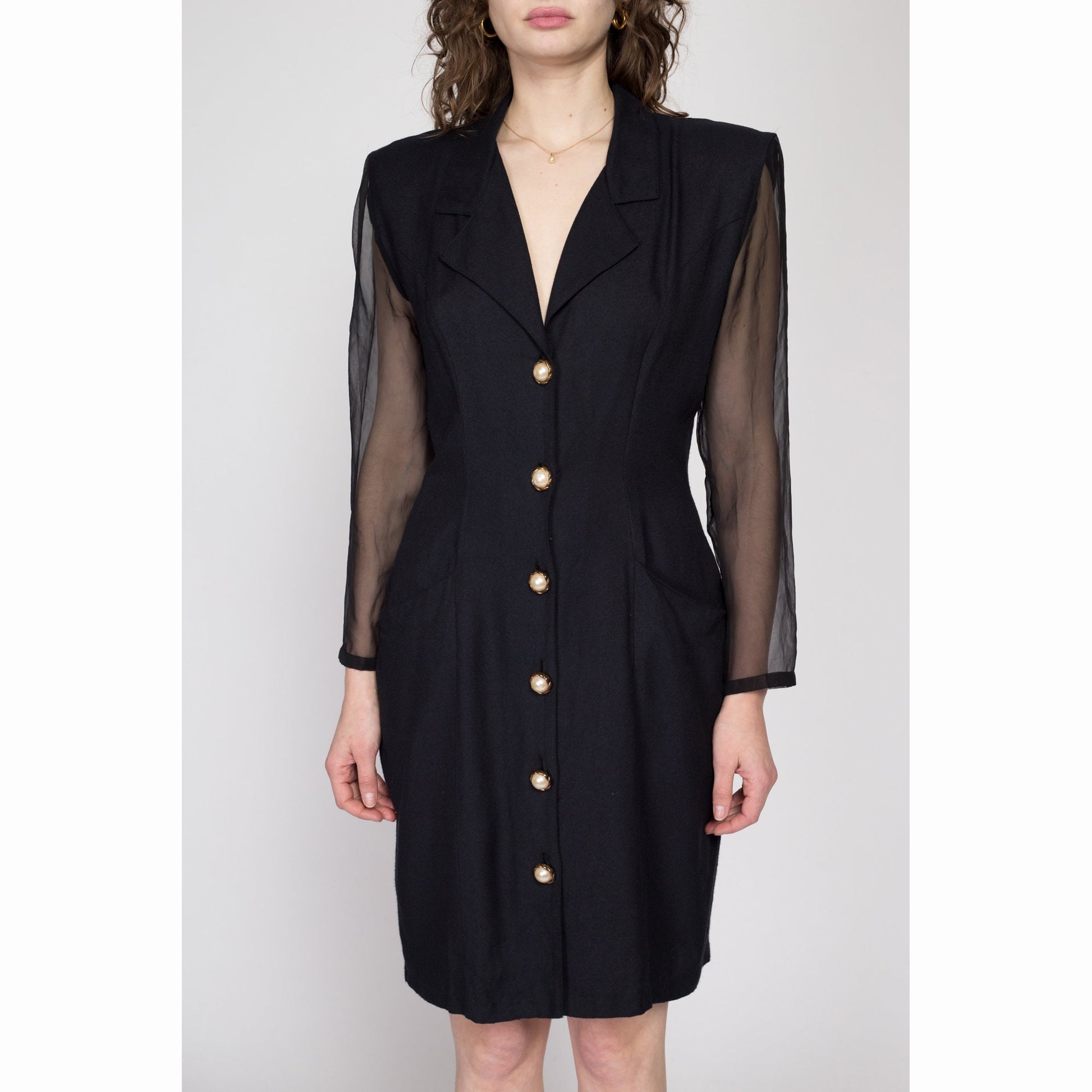 Medium 80s Black Sheer Sleeve Secretary Dress | Vintage Button Front Long Sleeve Knee Length Sheath Dress