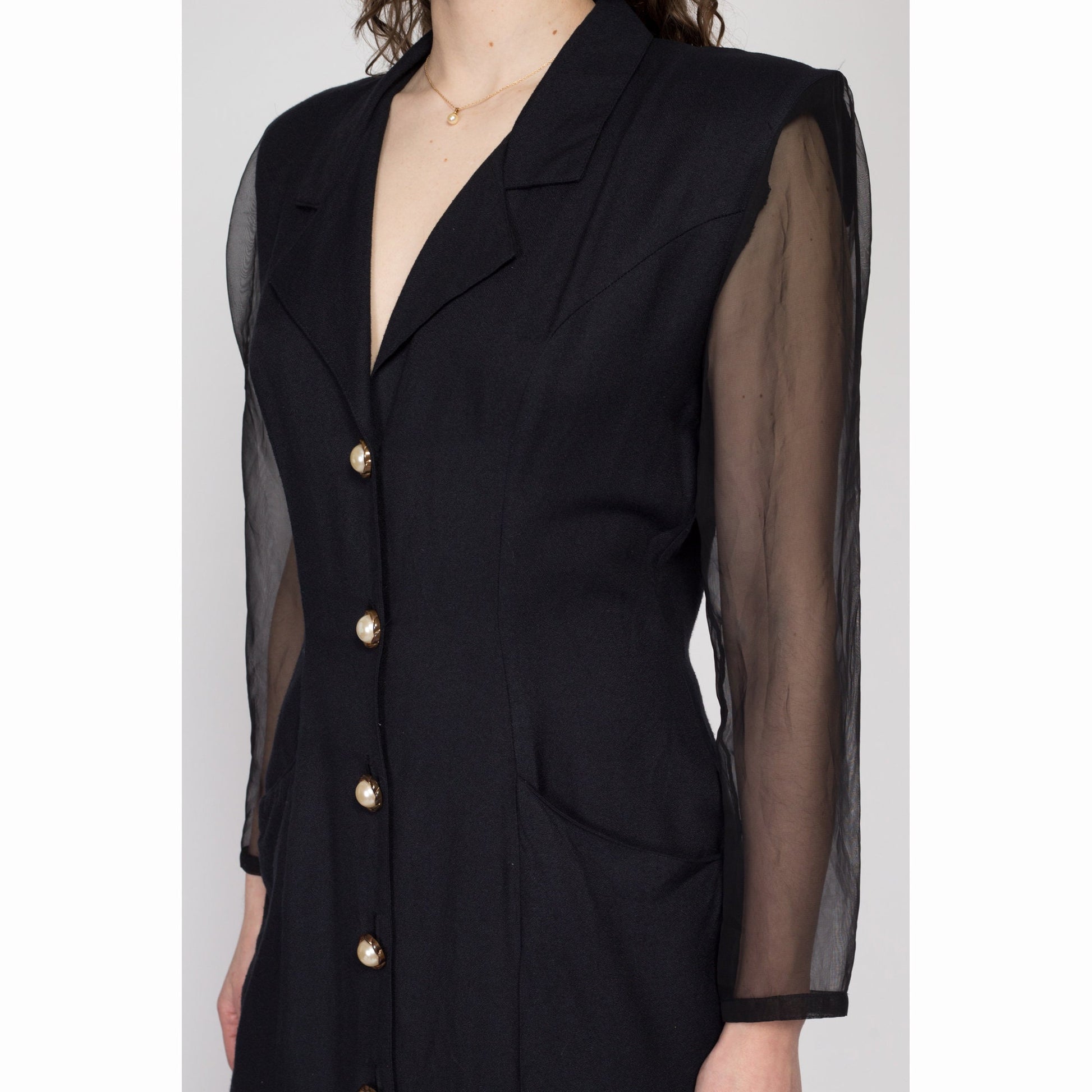 Medium 80s Black Sheer Sleeve Secretary Dress | Vintage Button Front Long Sleeve Knee Length Sheath Dress