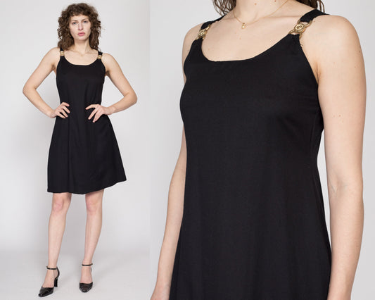 Medium 90s Gold Chain Strap Little Black Dress | Vintage Sleeveless A Line Fit & Flare Mini Party Dress
