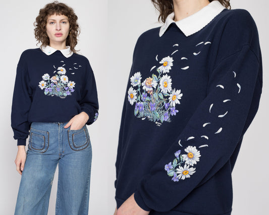 Large 90s Flower & Mouse Graphic Collared Sweatshirt | Vintage Navy Blue Windy Daisy Floral Pullover