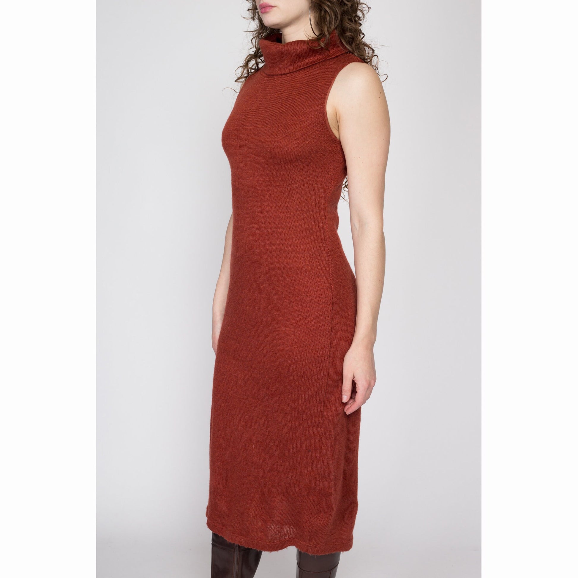 Medium 80s Burnt Orange Knit Turtleneck Sweater Dress | Vintage Sleeveless Collared Midi Dress
