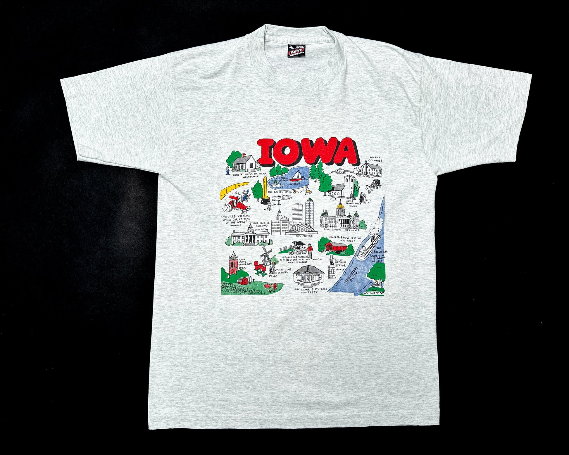 Large 90s Iowa Cartoon Map Tourist T Shirt – Flying Apple Vintage
