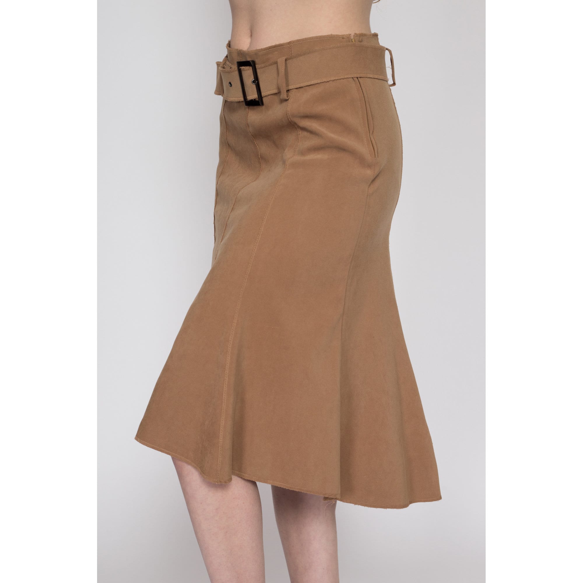 Medium 90s Brown Belted High Low Midi Skirt 30 Flying Apple Vintage