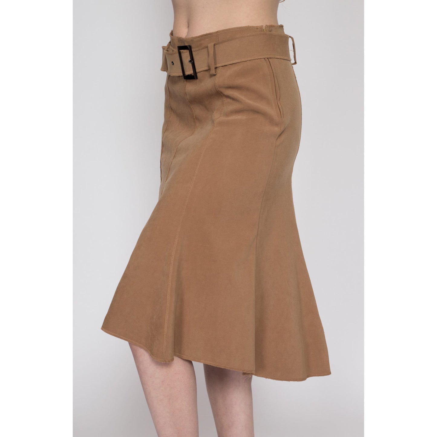 Medium 90s Brown Belted High-Low Midi Skirt 30" | Vintage High Waisted A Line Skirt
