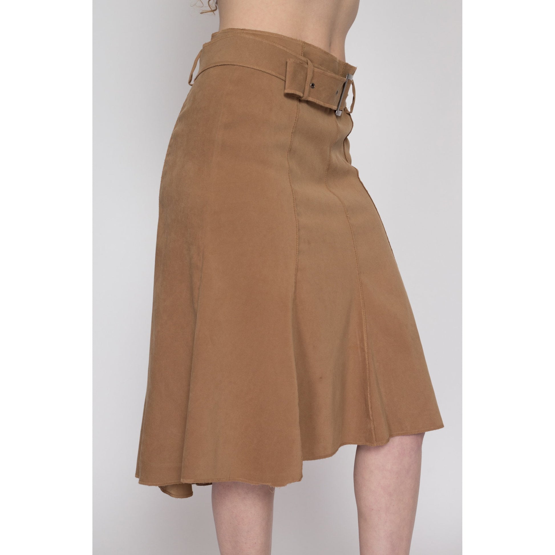 Medium 90s Brown Belted High-Low Midi Skirt 30" | Vintage High Waisted A Line Skirt