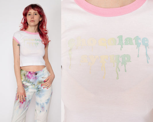 XXS 70s Chocolate Syrup Graphic Baby Tee | Vintage Fitted Crop Top Ringer T Shirt