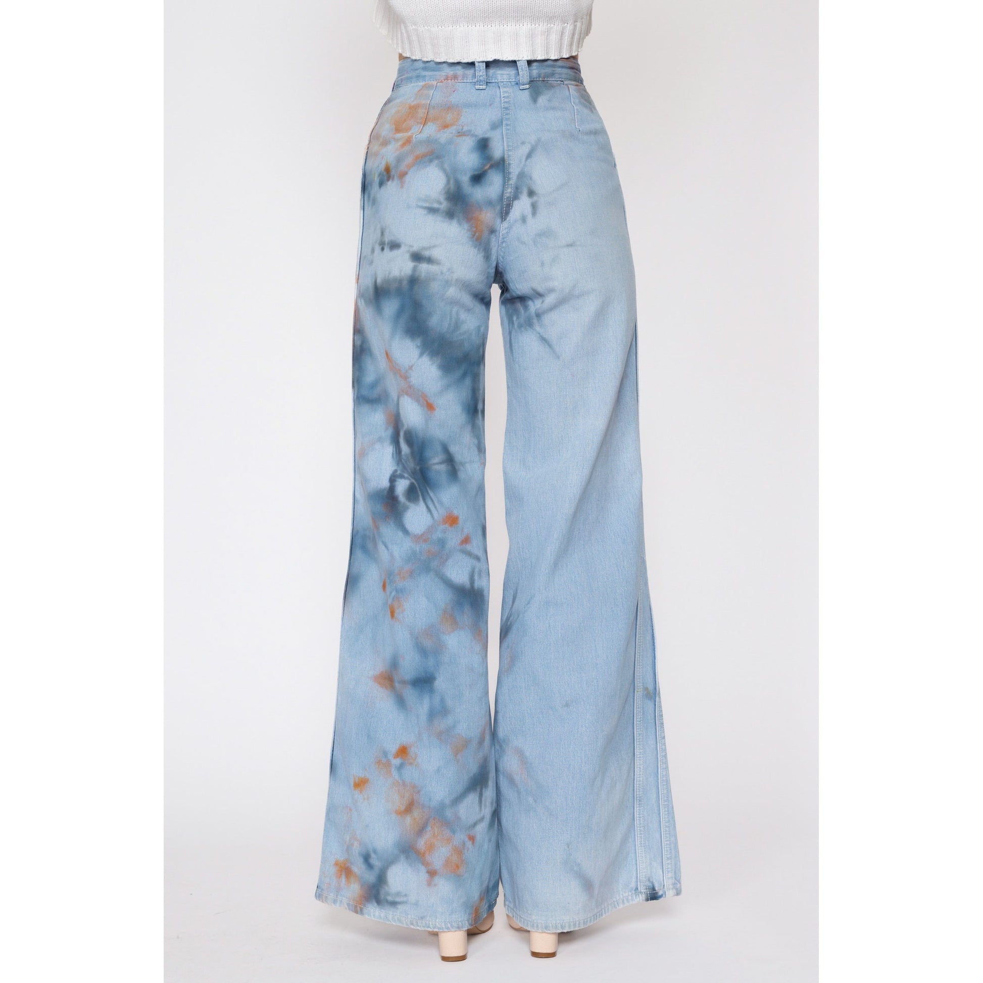 XXS 70s Tie Dye Flared Sailor Jeans 22" | Vintage Light Blue High Waisted Wide Leg Bell Bottoms