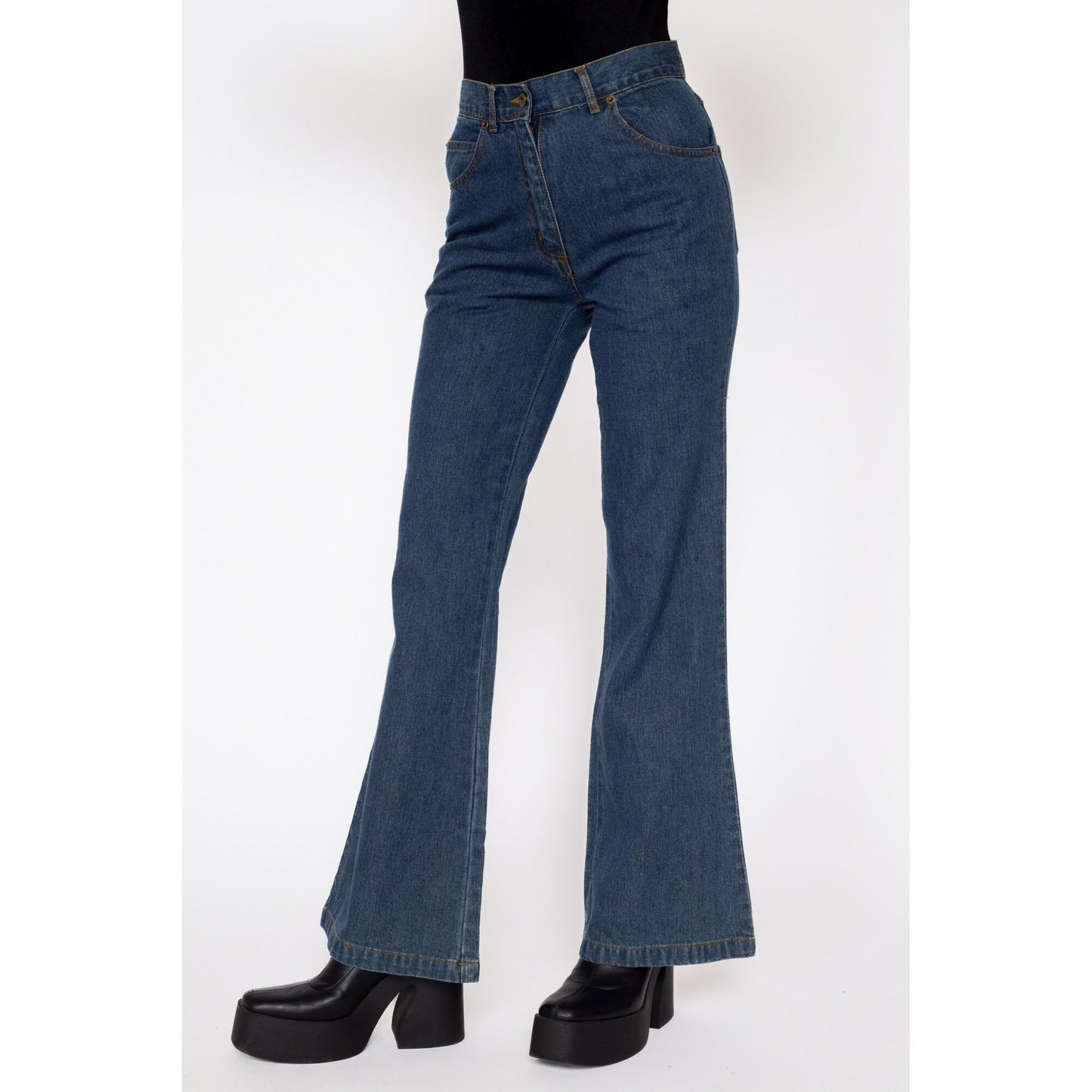 Petite XS 90s Dark Wash Denim Flared Jeans 25" | Vintage High Waisted Bell Bottom Jeans