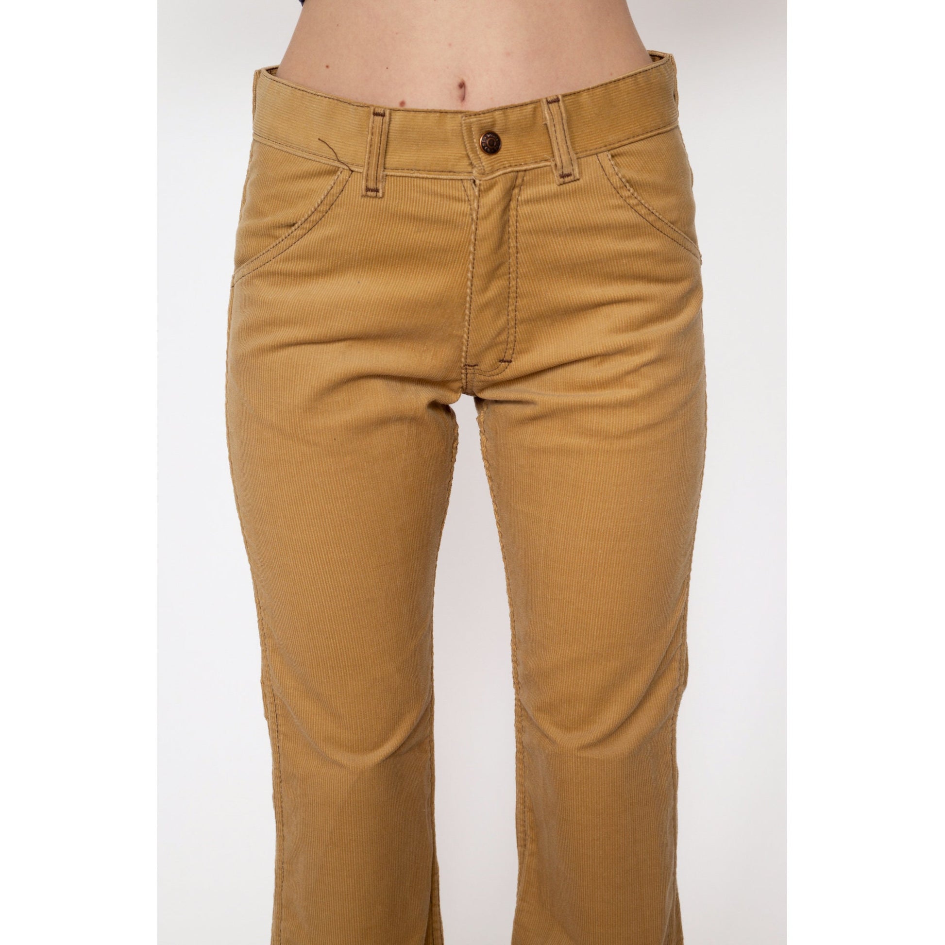 XS 70s Tan Corduroy Mid Rise Flared Pants | Vintage Sears Toughskins Cords Retro Hippie Trousers