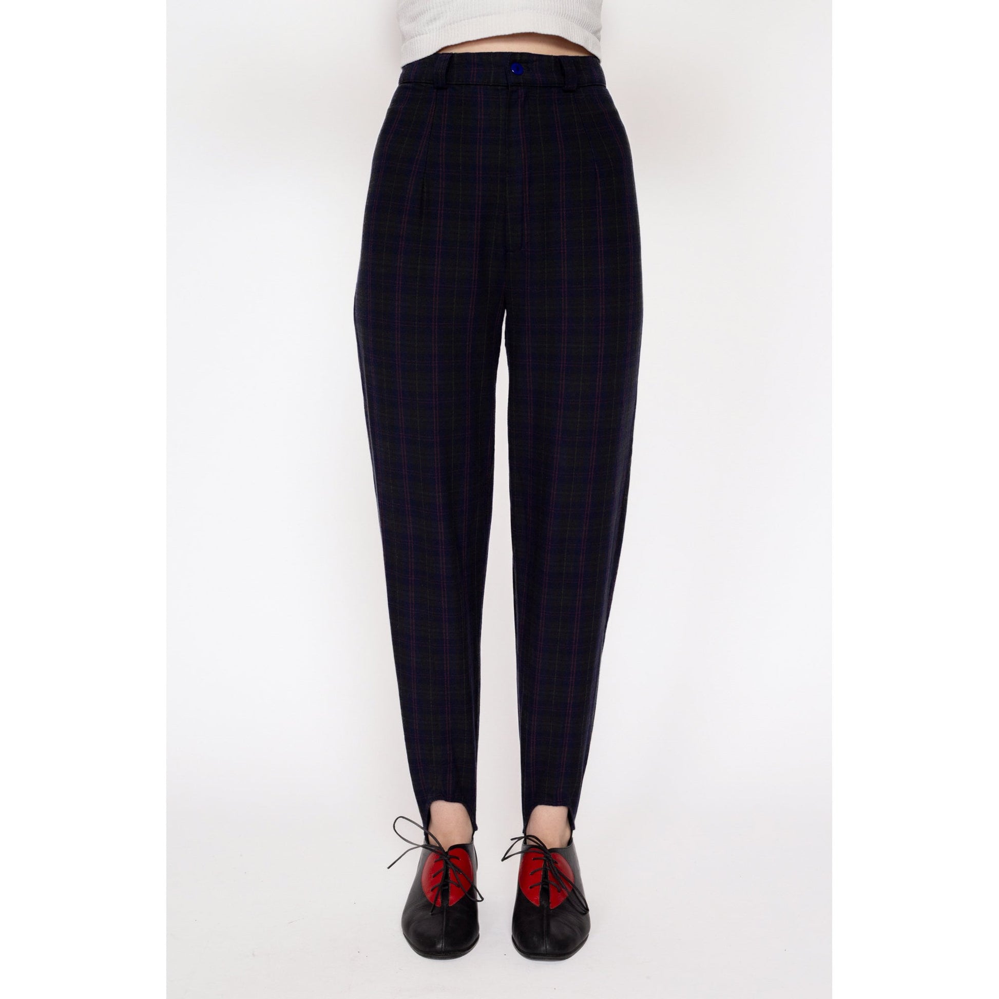 Petite XS 80s Plaid High Waisted Stirrup Pants 23.5" | Vintage Grey Blue Tapered Leg High Rise Skinny Trousers