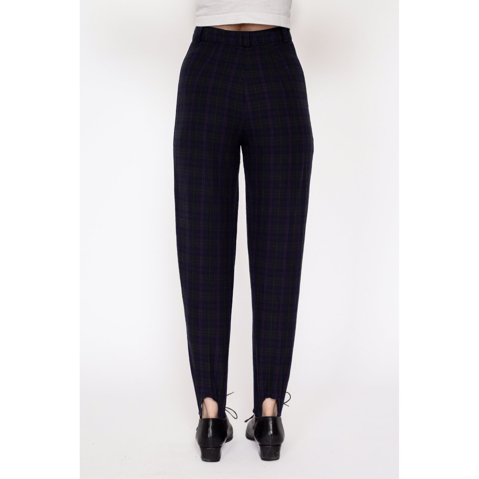 Petite XS 80s Plaid High Waisted Stirrup Pants 23.5" | Vintage Grey Blue Tapered Leg High Rise Skinny Trousers