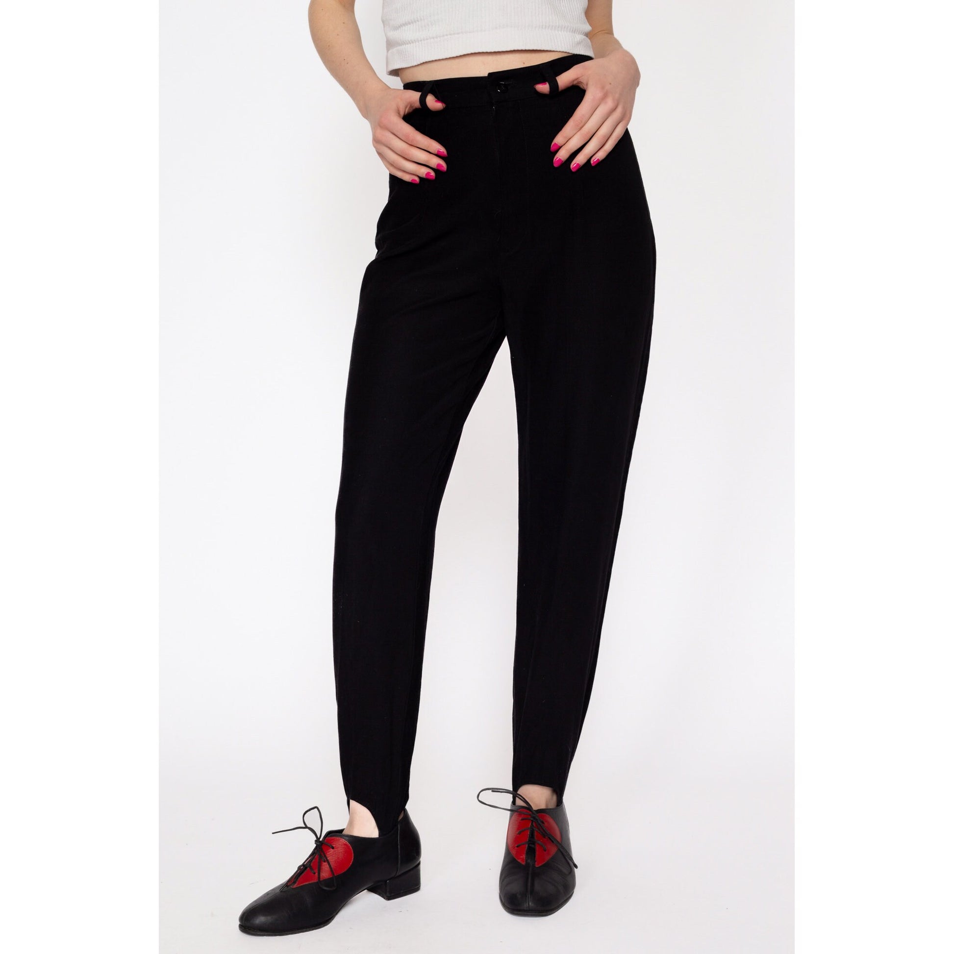 Petite XS 80s Black High Waisted Stirrup Pants 22.5" | Vintage Tapered Leg High Rise Skinny Trousers