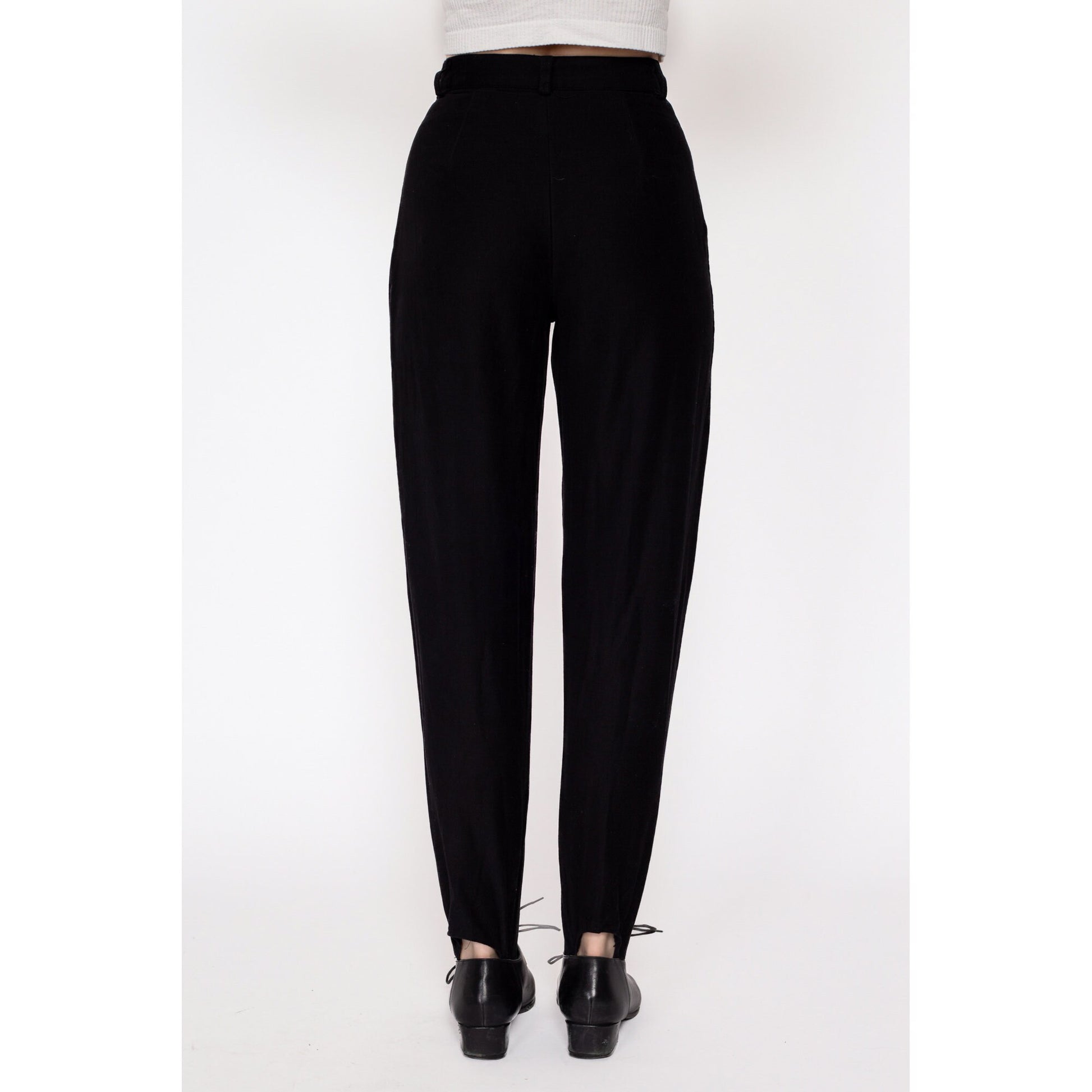 Petite XS 80s Black High Waisted Stirrup Pants 22.5" | Vintage Tapered Leg High Rise Skinny Trousers