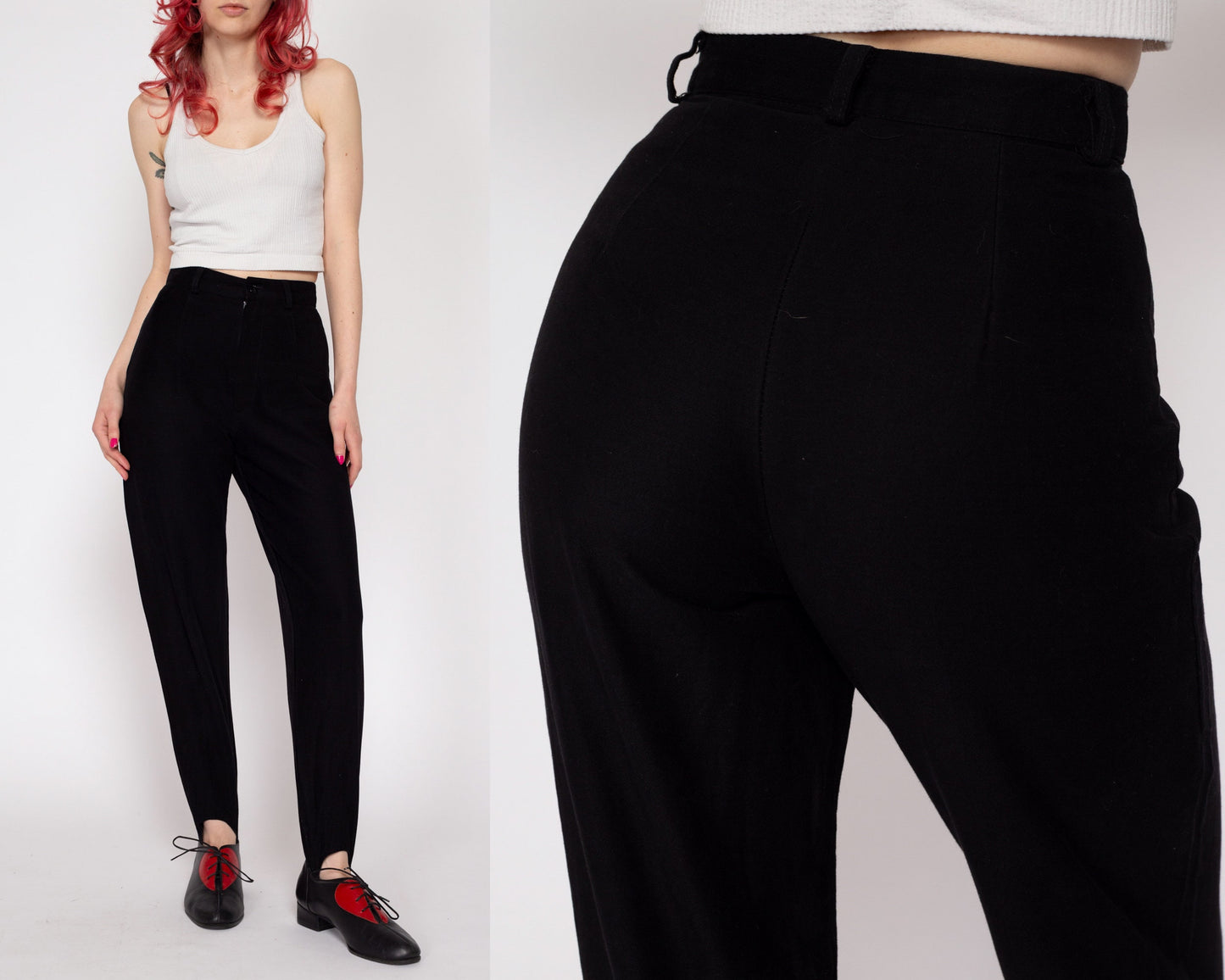 Petite XS 80s Black High Waisted Stirrup Pants 22.5" | Vintage Tapered Leg High Rise Skinny Trousers