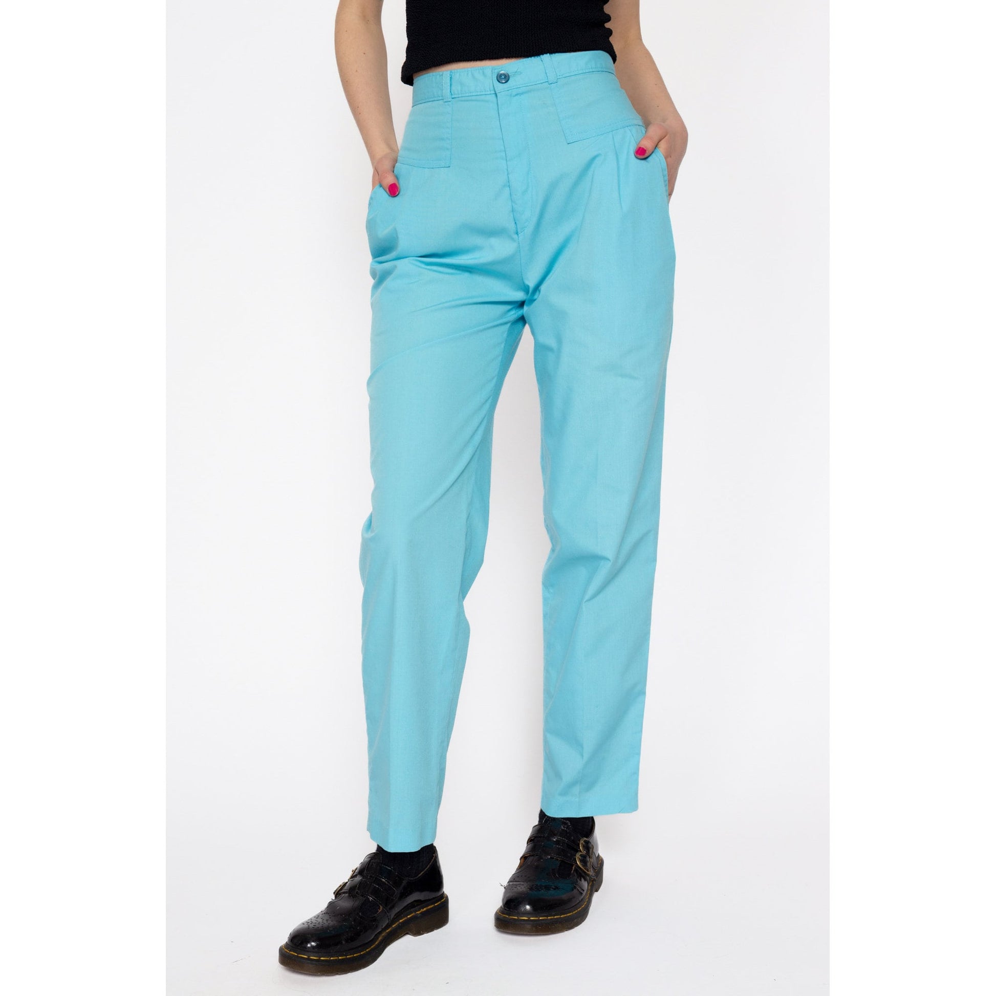 Petite XS 80s Sky Blue High Waisted Pleated Pants 24" | Retro Preppy Vintage Tapered Leg Trousers