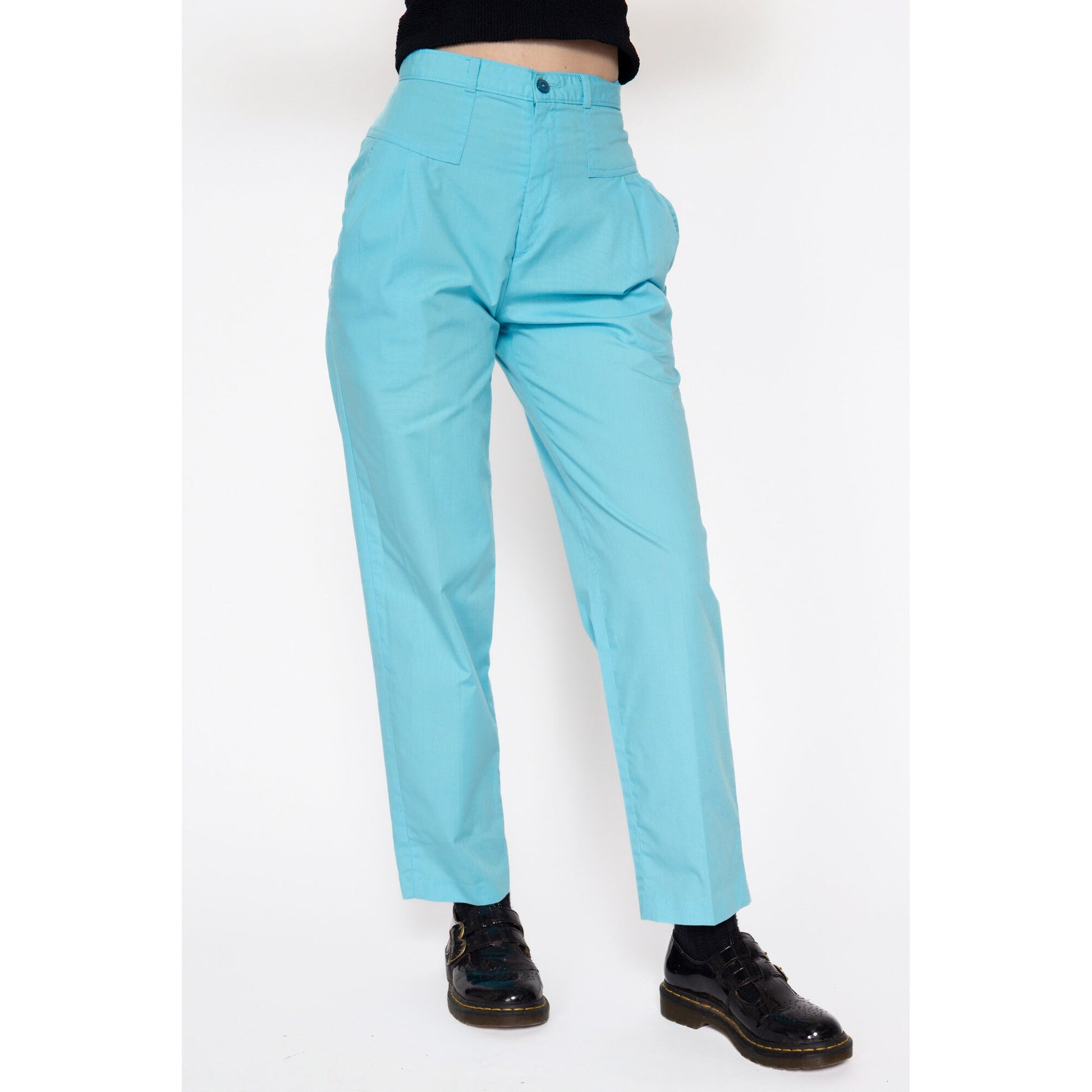 Petite XS 80s Sky Blue High Waisted Pleated Pants 24" | Retro Preppy Vintage Tapered Leg Trousers
