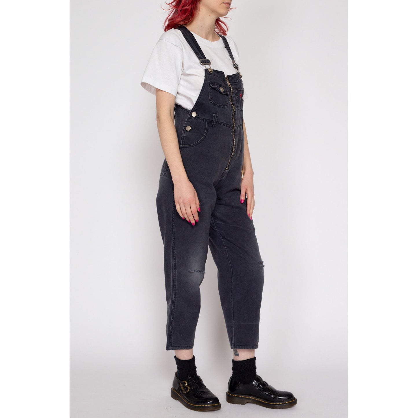 Petite XS 90s Tweety Bird Faded Black Denim Overalls | Vintage Looney Tunes Cartoon Tapered Leg Zip Front Dungarees