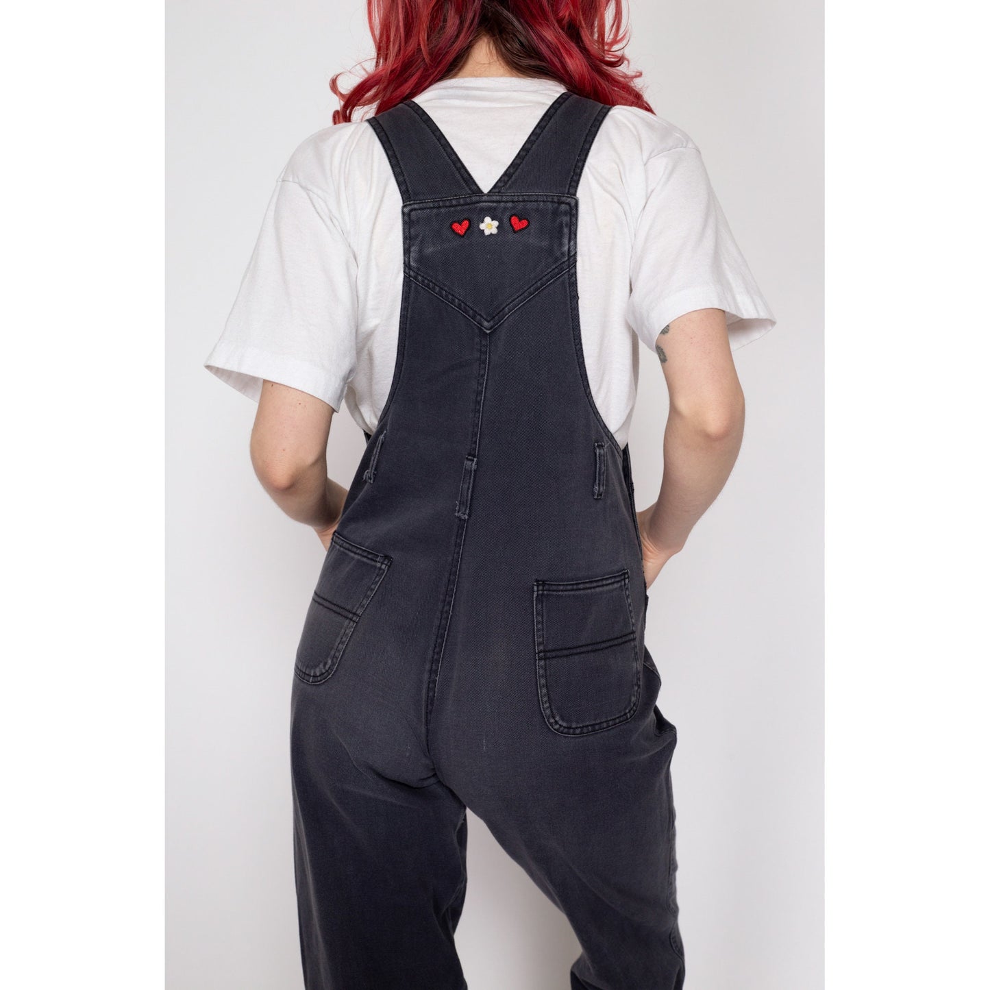 Petite XS 90s Tweety Bird Faded Black Denim Overalls | Vintage Looney Tunes Cartoon Tapered Leg Zip Front Dungarees