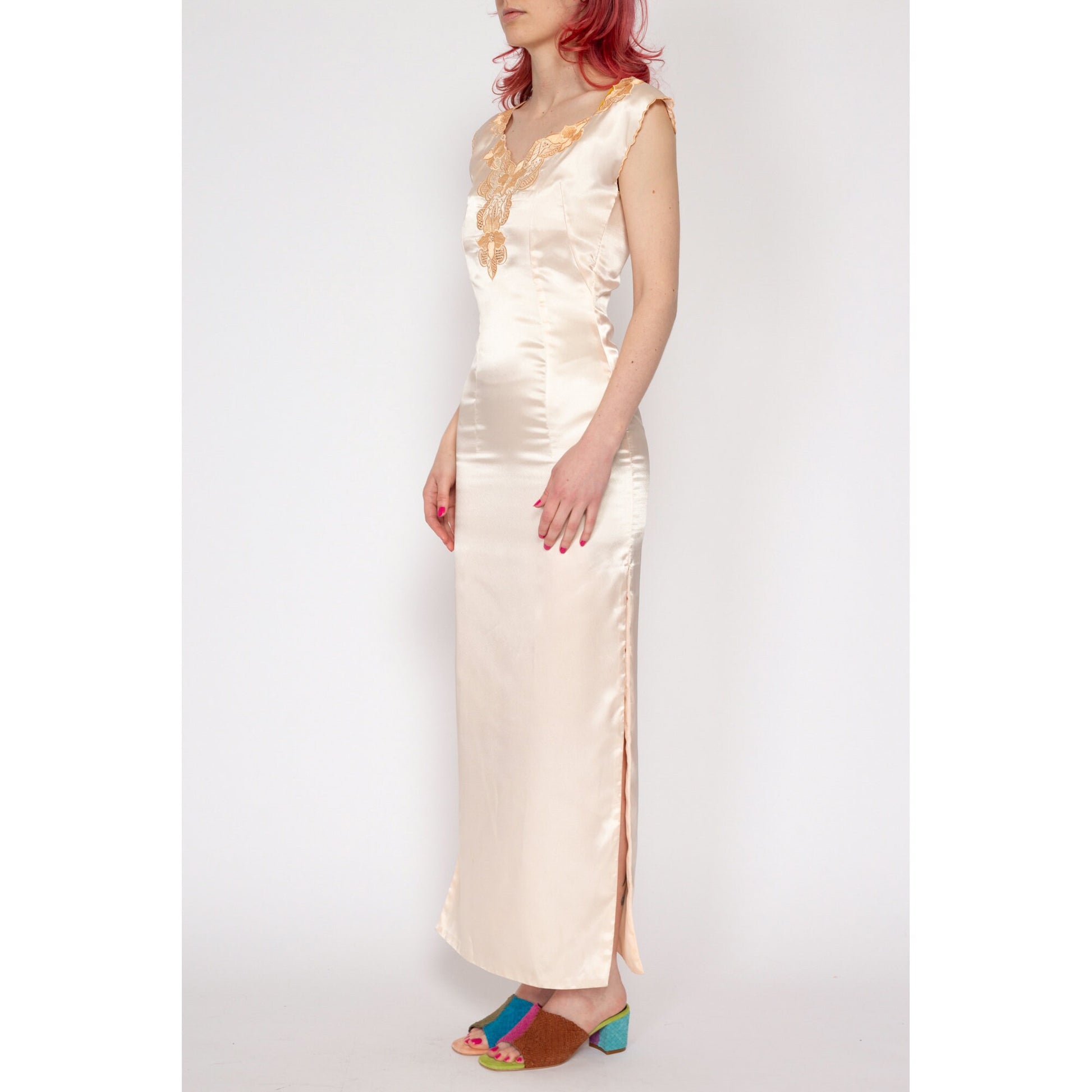 90s Does 30s Baby Pink Satin Maxi Dress - Extra Small Flying Apple Vintage 90s Does 30s Baby Pink Satin Maxi Dress - Extra Small Flying Apple Vintage