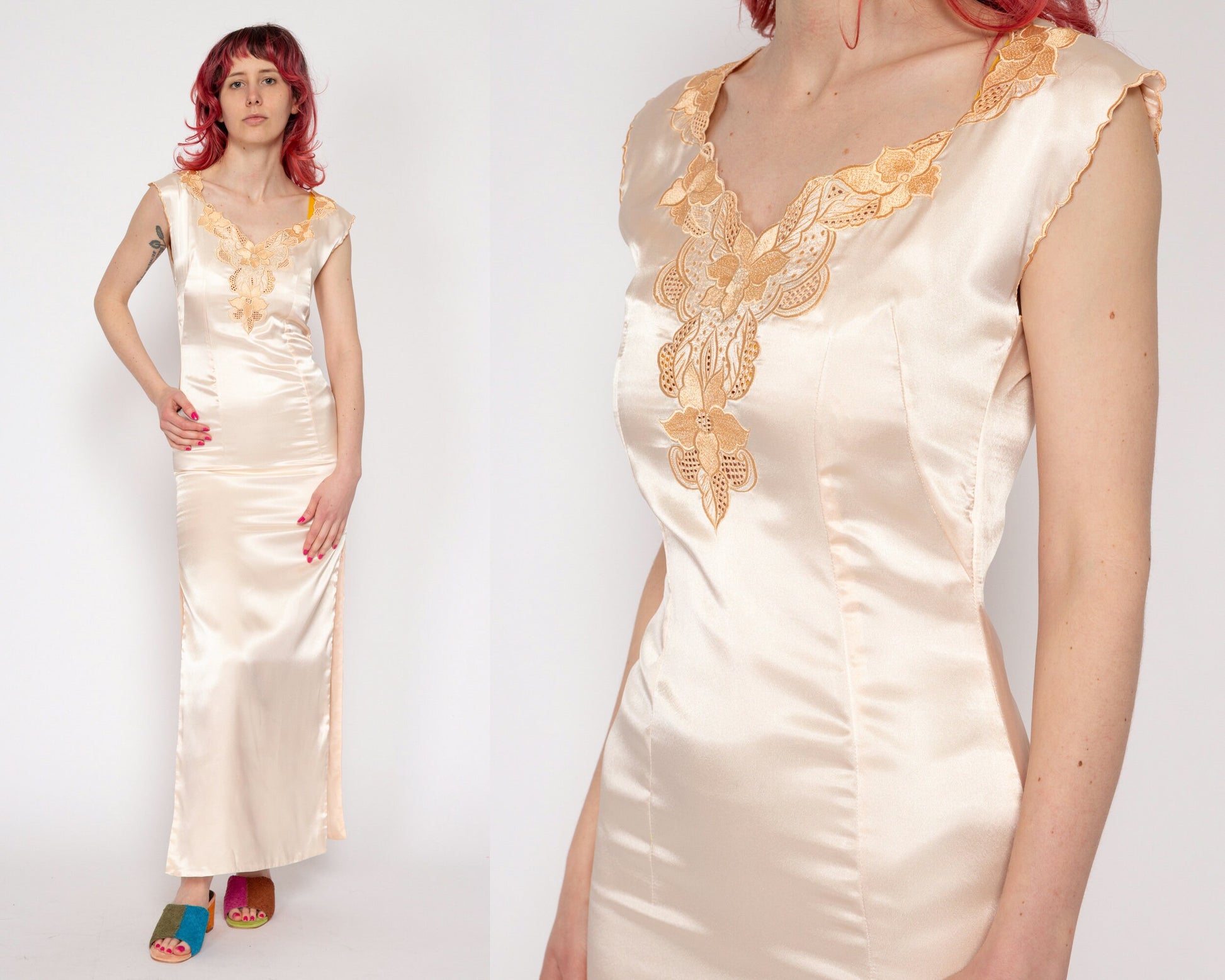 90s Does 30s Baby Pink Satin Maxi Dress - Extra Small Flying Apple Vintage 90s Does 30s Baby Pink Satin Maxi Dress - Extra Small Flying Apple Vintage