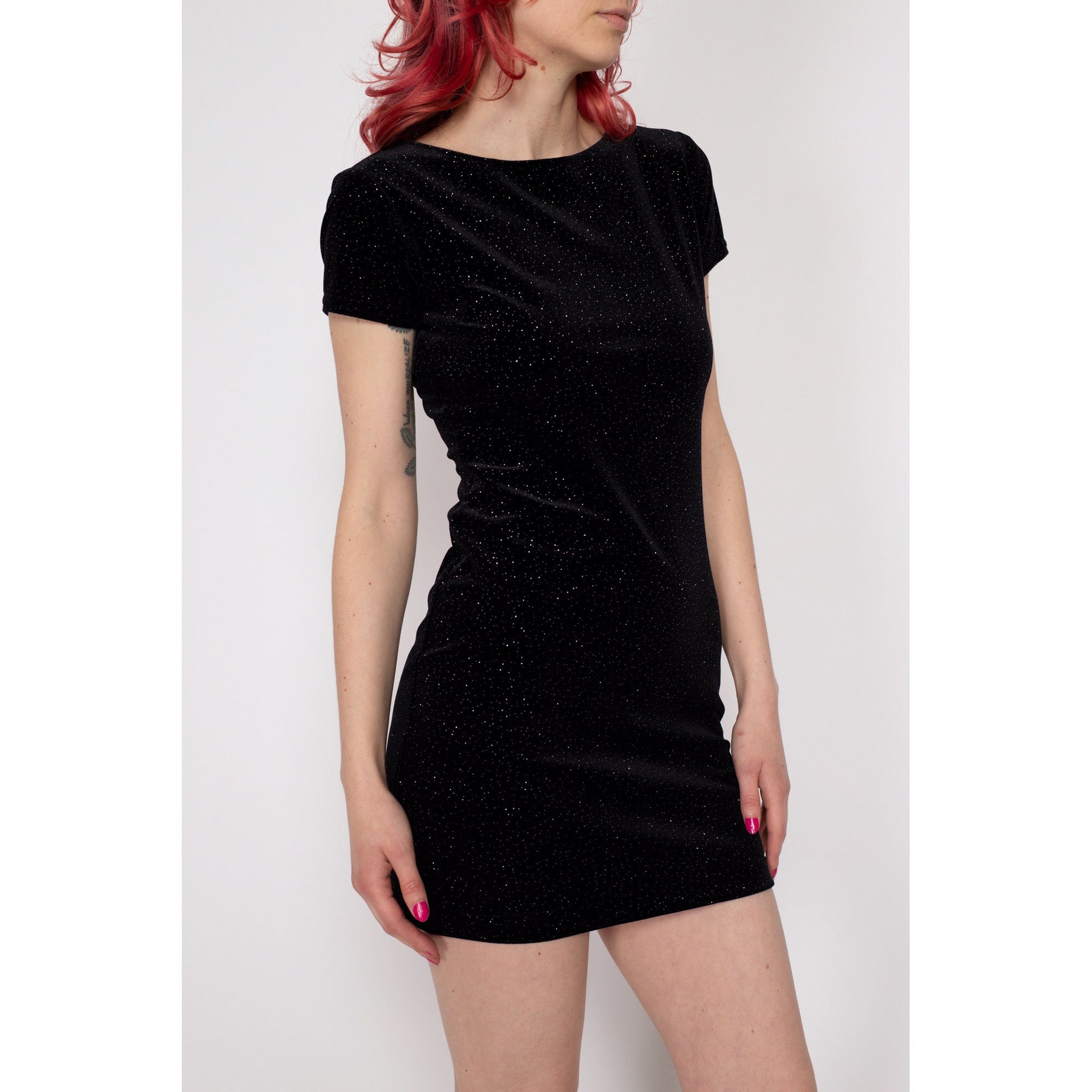Petite XS 90s Black Velvet Sparkle Mini Dress | Vintage Grunge Short Sleeve Little Black Dress