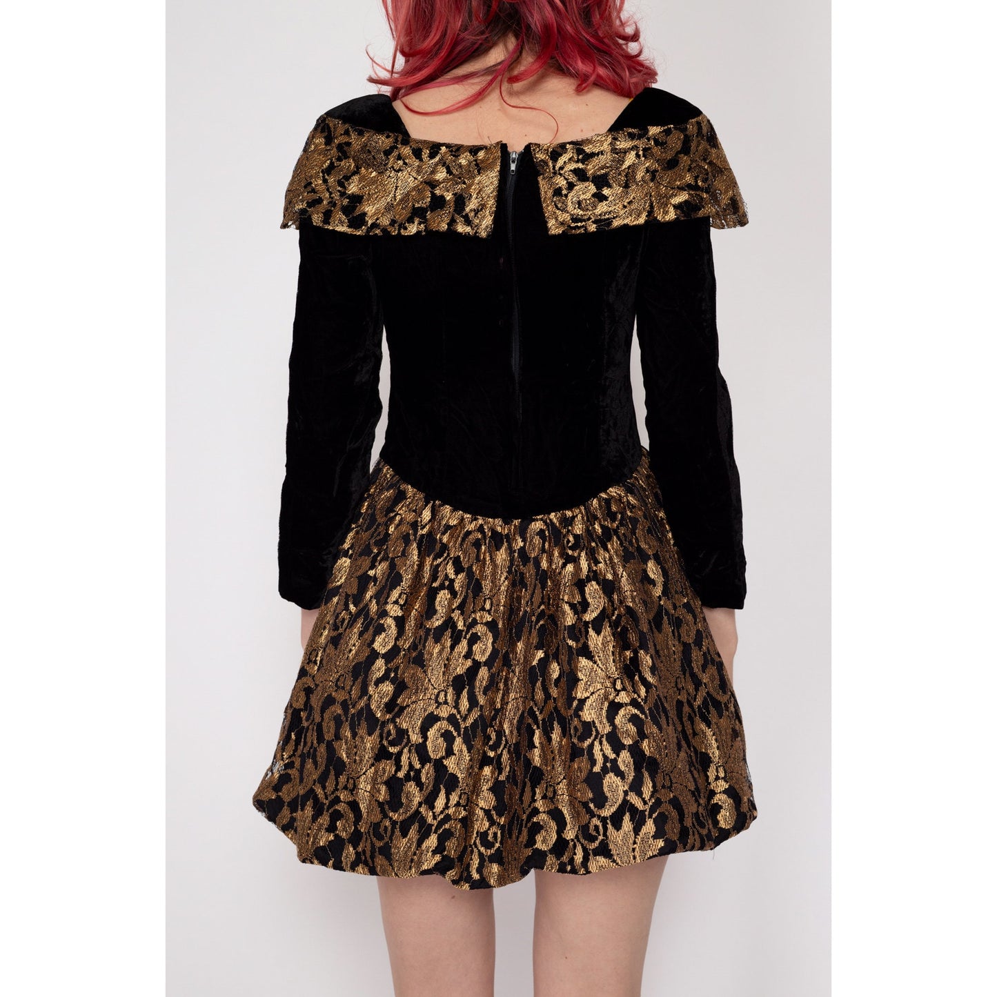 XXS 80s Velvet & Lace Bubble Skirt Party Dress | Vintage Black Gold Fit Flare Girl's Mini Dress