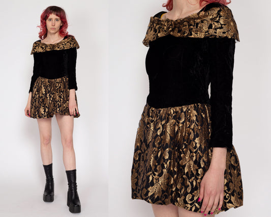 XXS 80s Velvet & Lace Bubble Skirt Party Dress | Vintage Black Gold Fit Flare Girl's Mini Dress