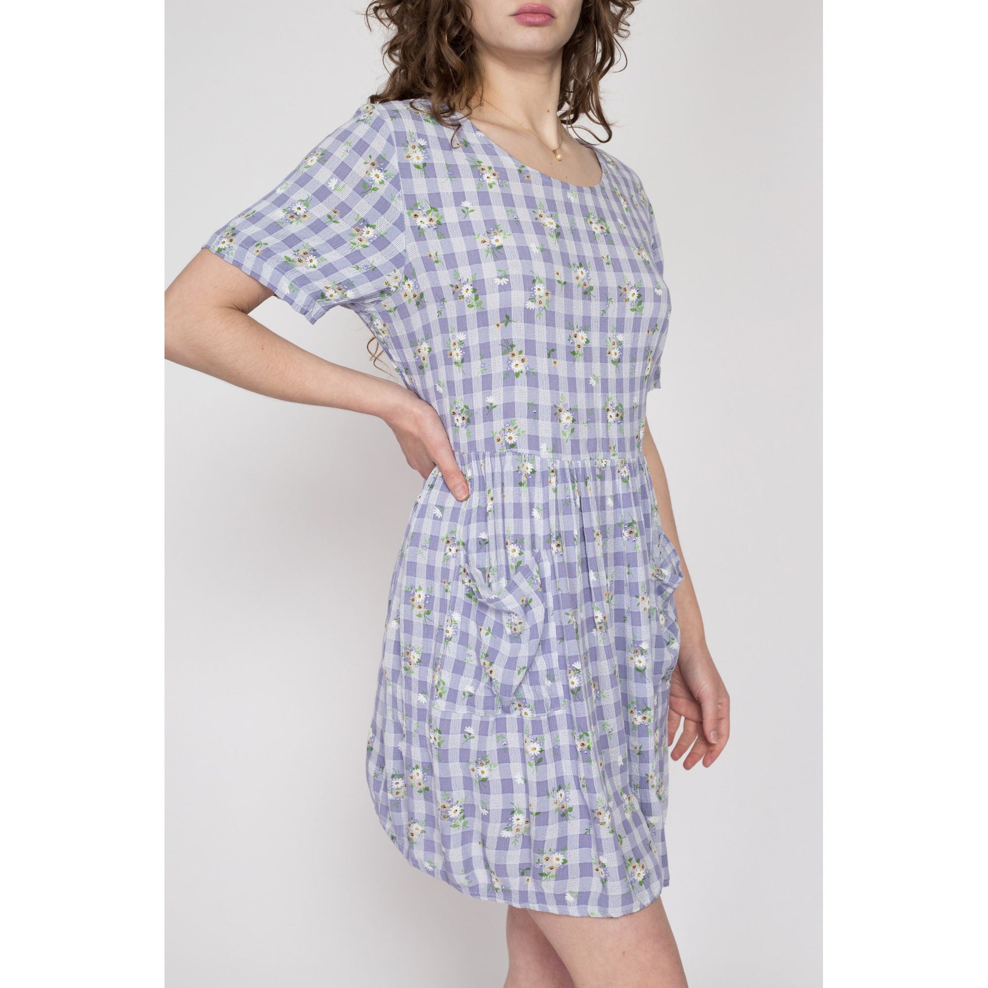 Large 90s Purple Gingham Floral Babydoll Dress Flying Apple Vintage Large 90s Purple Gingham Floral Babydoll Dress Flying Apple Vintage