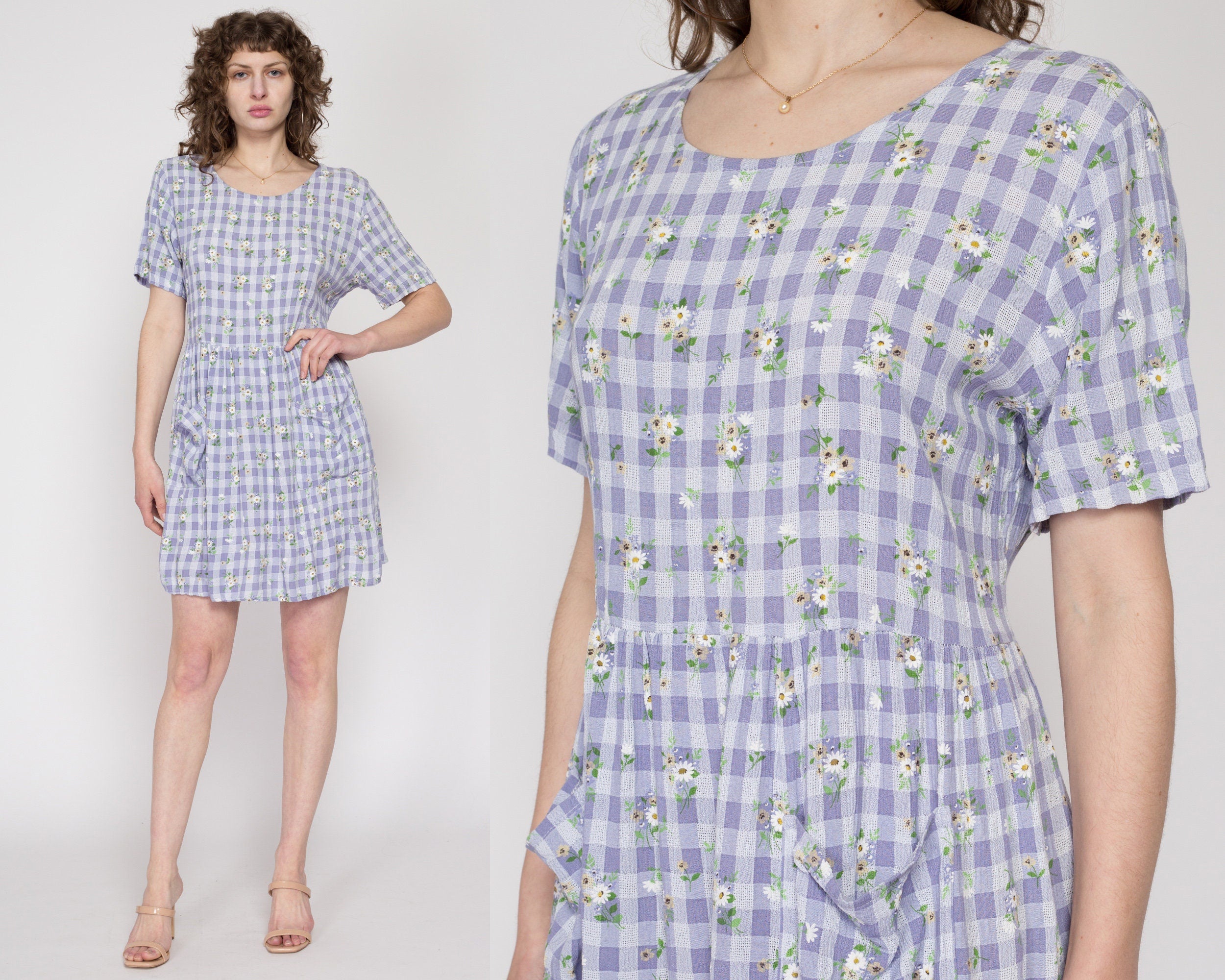 Large 90s Purple Gingham Floral Babydoll Dress Flying Apple Vintage