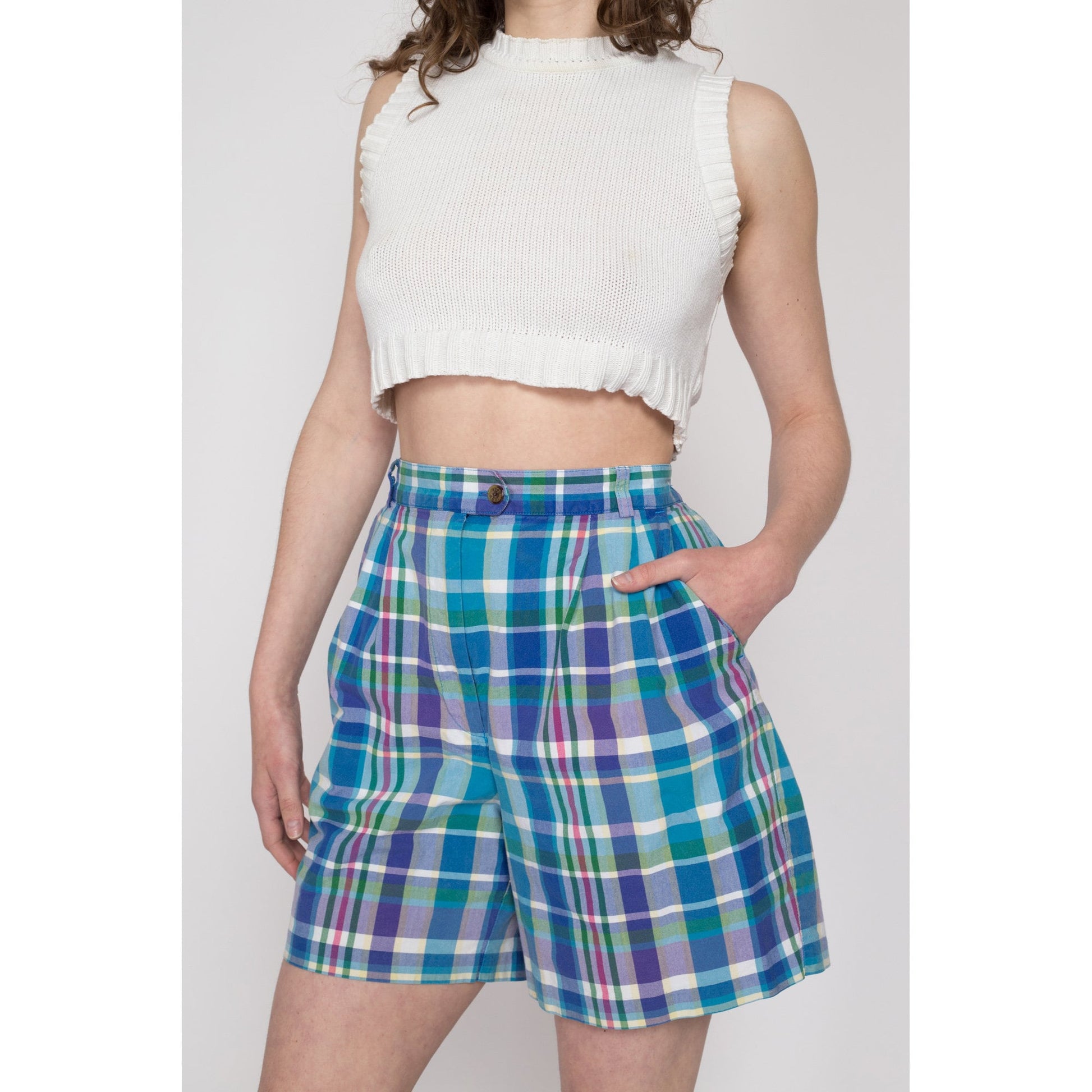 Med-Lrg 90s Izod Blue & Green Plaid Shorts 29"-31" | Vintage High Waisted Casual Pleated Shorts