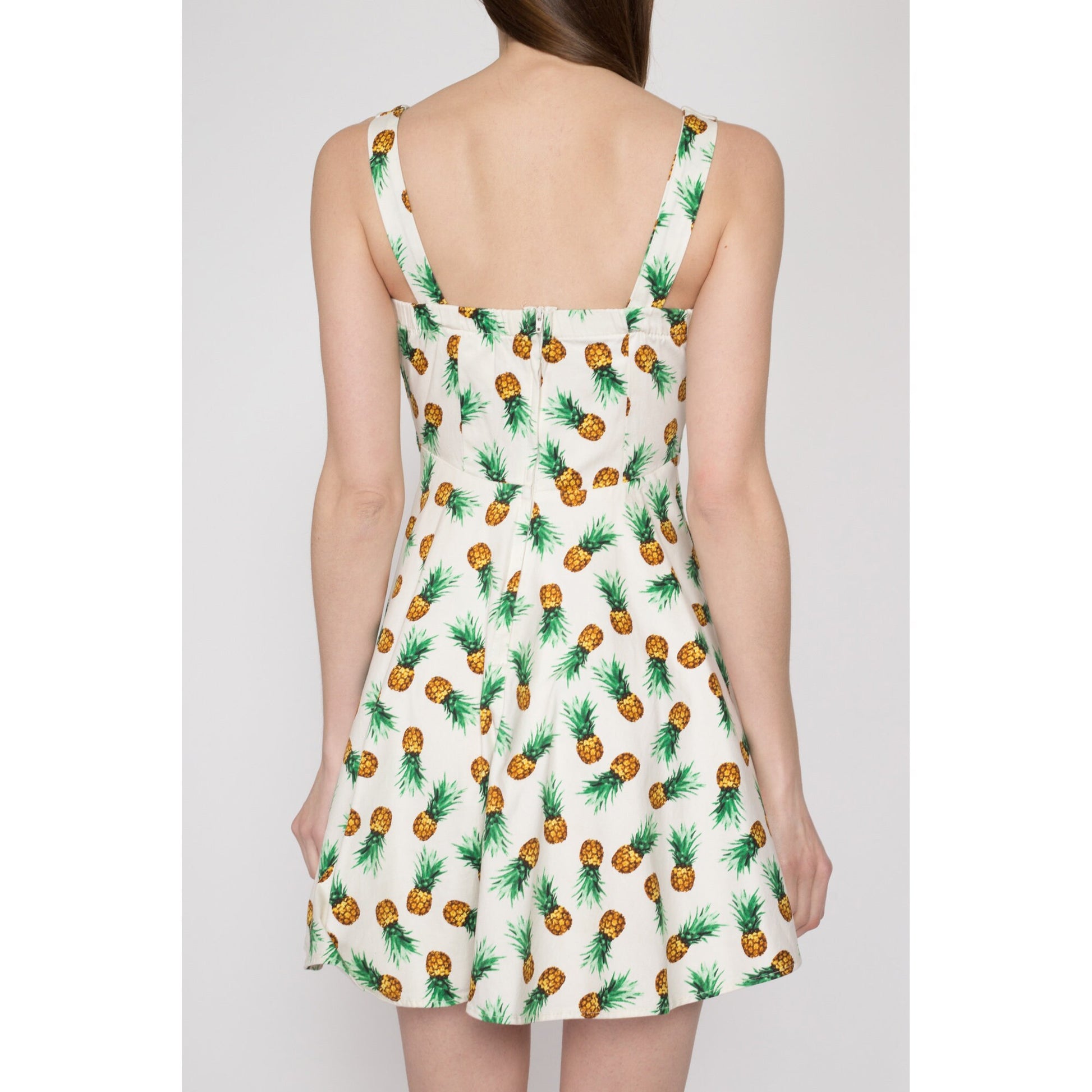 XS Y2K Pineapple Print Fit & Flare Mini Dress | Retro Vintage Babydoll Sundress