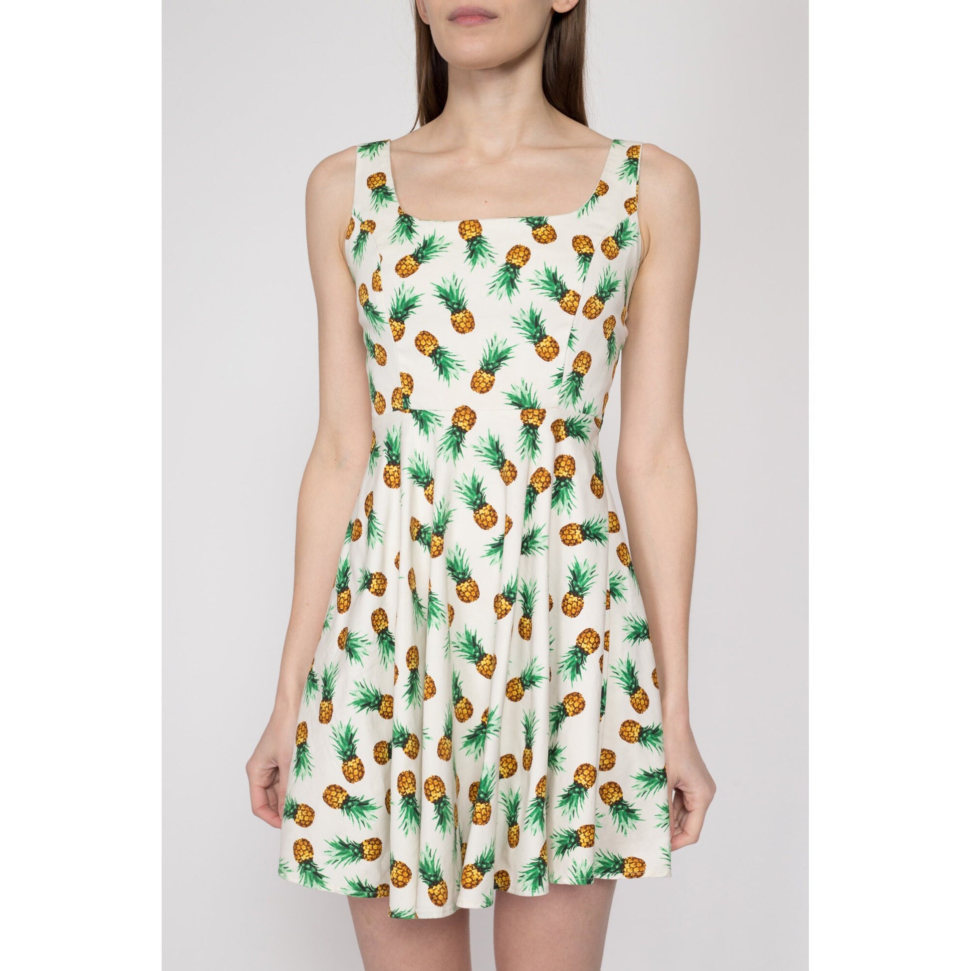 XS Y2K Pineapple Print Fit & Flare Mini Dress | Retro Vintage Babydoll Sundress